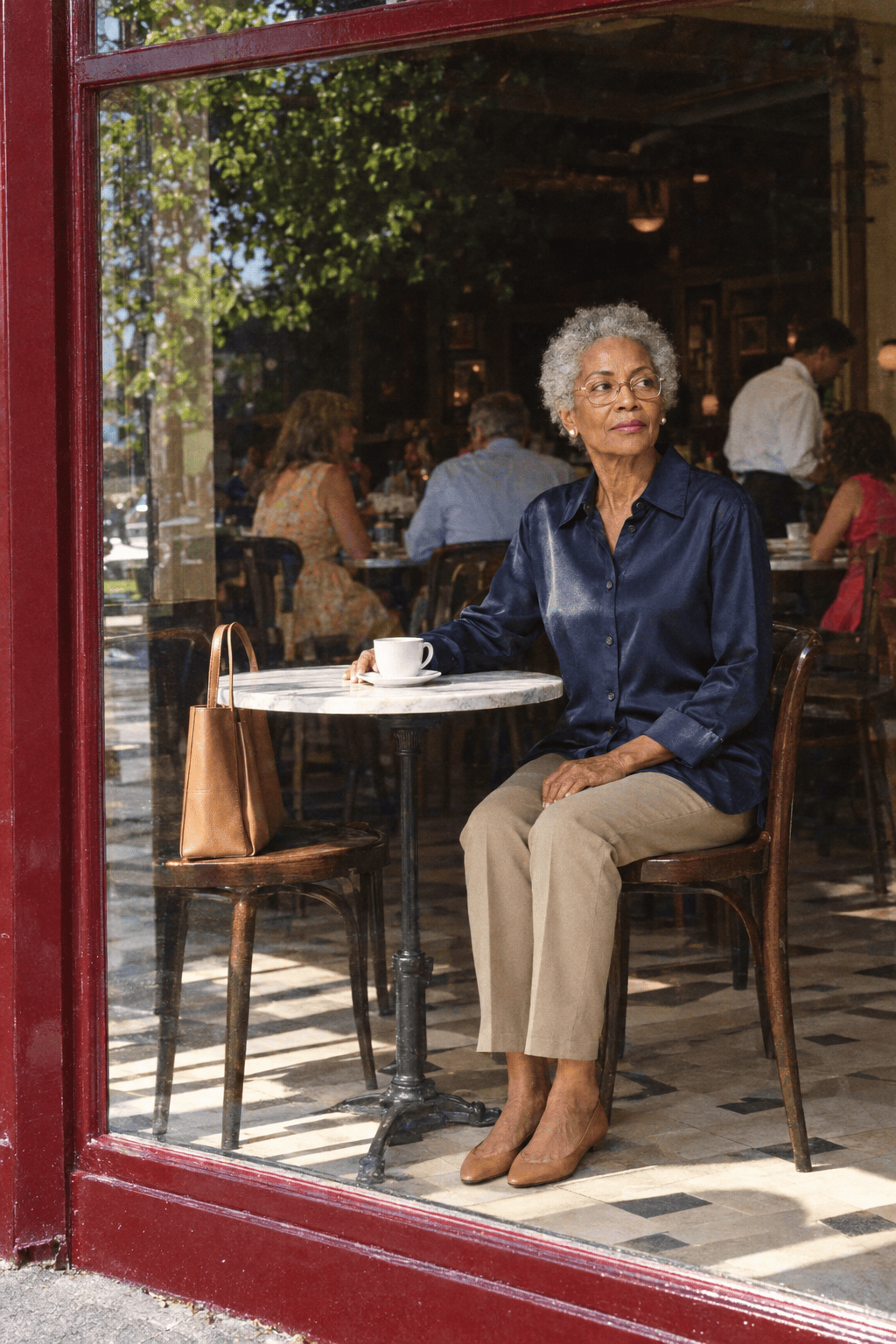 bistro lunch outfit for a woman in her 70s: ink navy silk blouse, light taupe tailored ankle trousers, tan leather ballet flats and a cognac shoulder bag