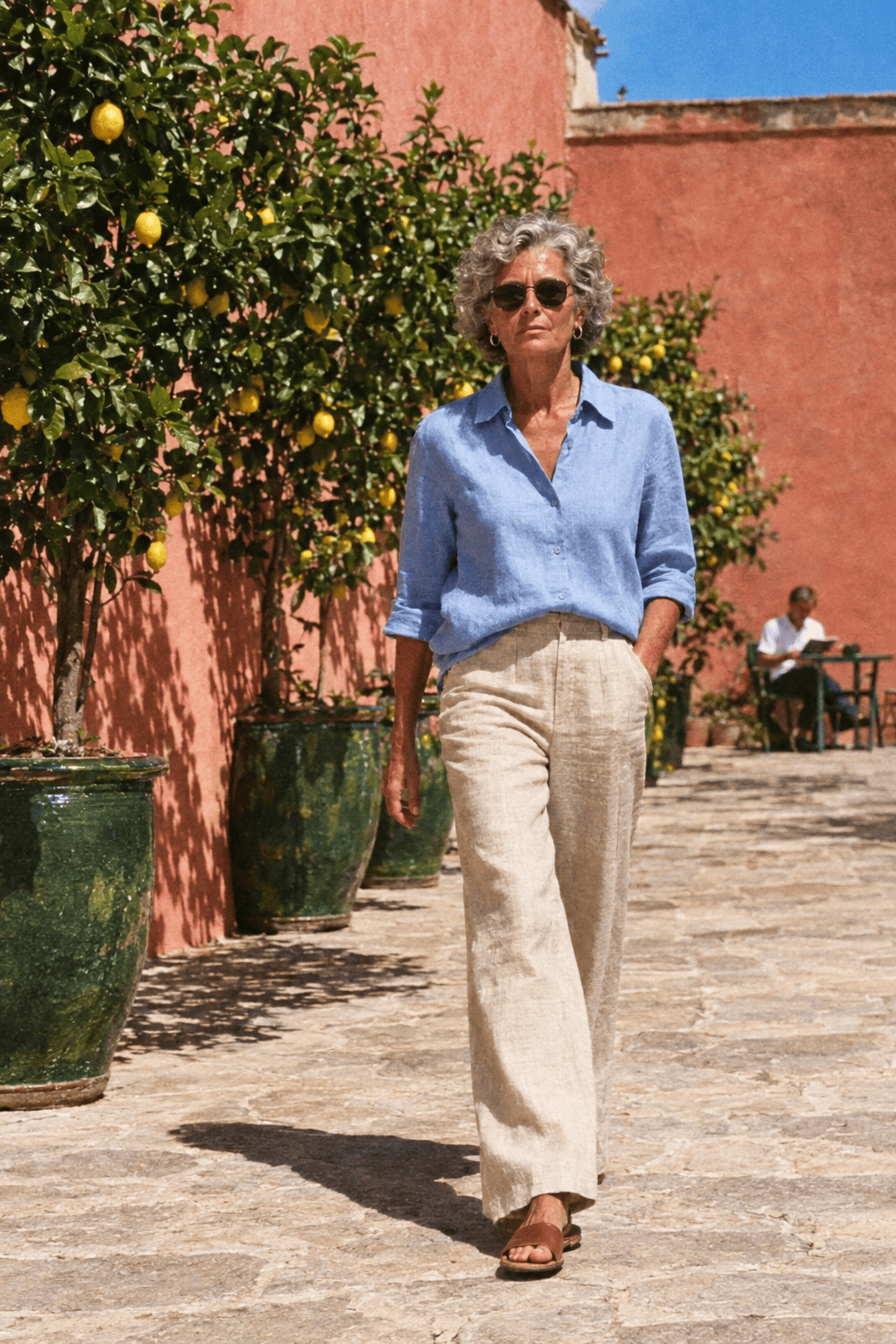 elegant summer outfit for a woman in her 70s on a budget: soft blue linen shirt, natural flax linen wide-leg trousers and cognac leather slide sandals
