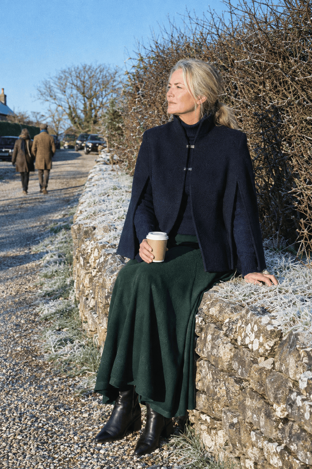 rustic winter wedding mother of the groom outfit: navy cashmere turtleneck tucked into a deep green crepe maxi skirt with a navy wool cape and black ankle booties