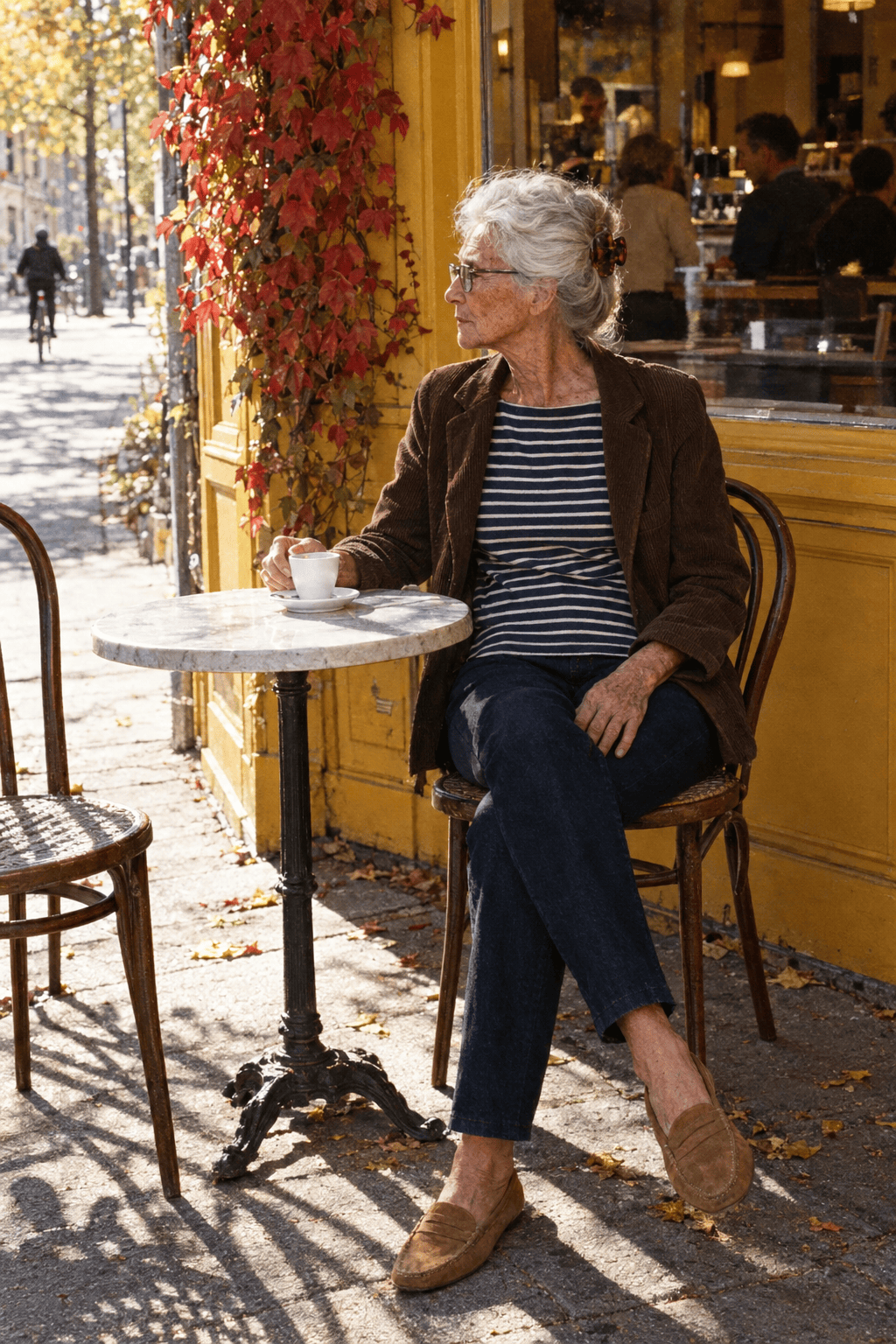 casual elegant coffee outfit for women in their 80s: navy and ivory short-sleeve Breton top, dark indigo jeans and tan suede penny loafers