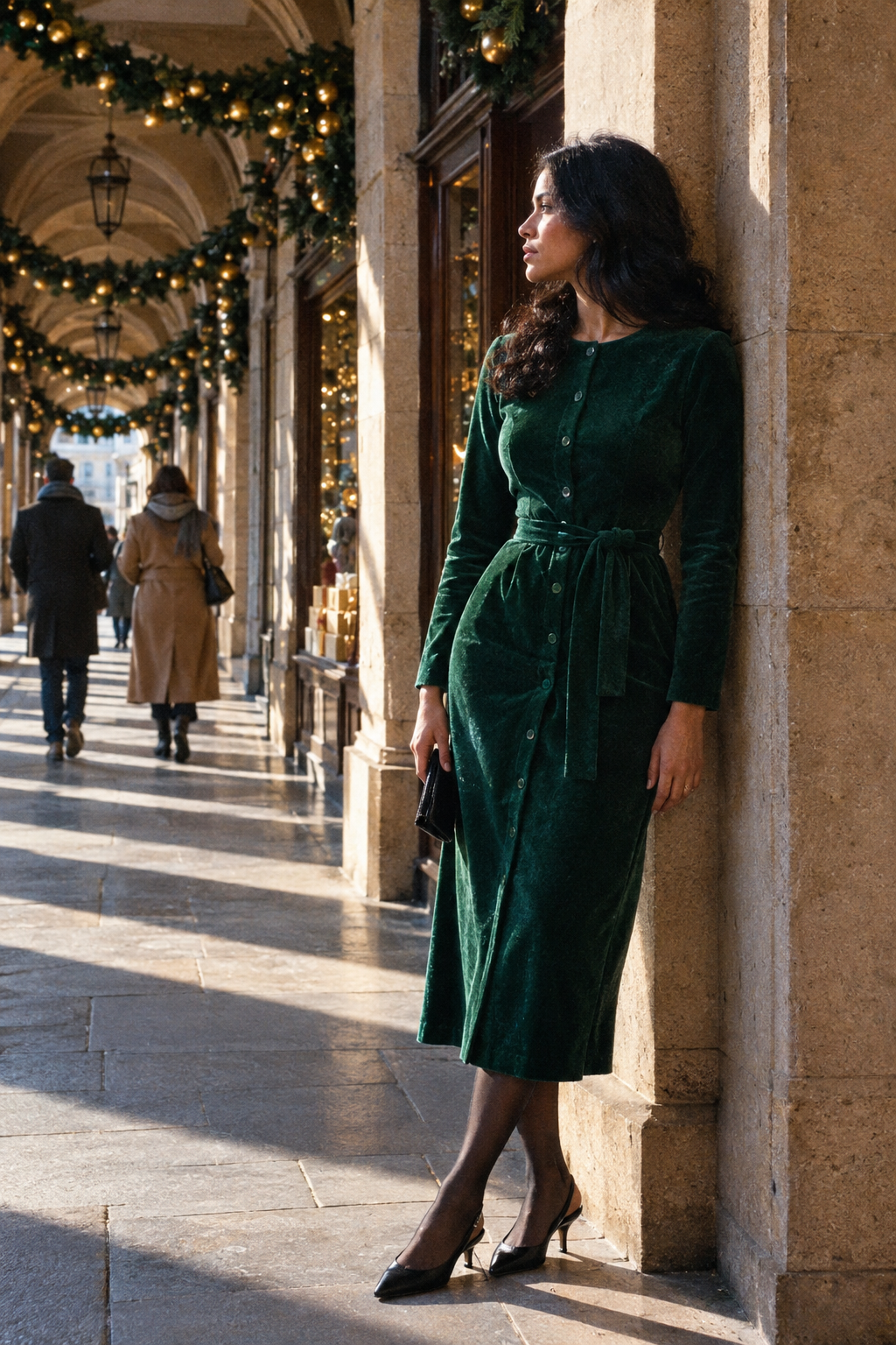 elegant christmas party dress outfit: emerald velvet button-front column midi dress with a tie belt, sheer black tights and black kitten-heel slingbacks