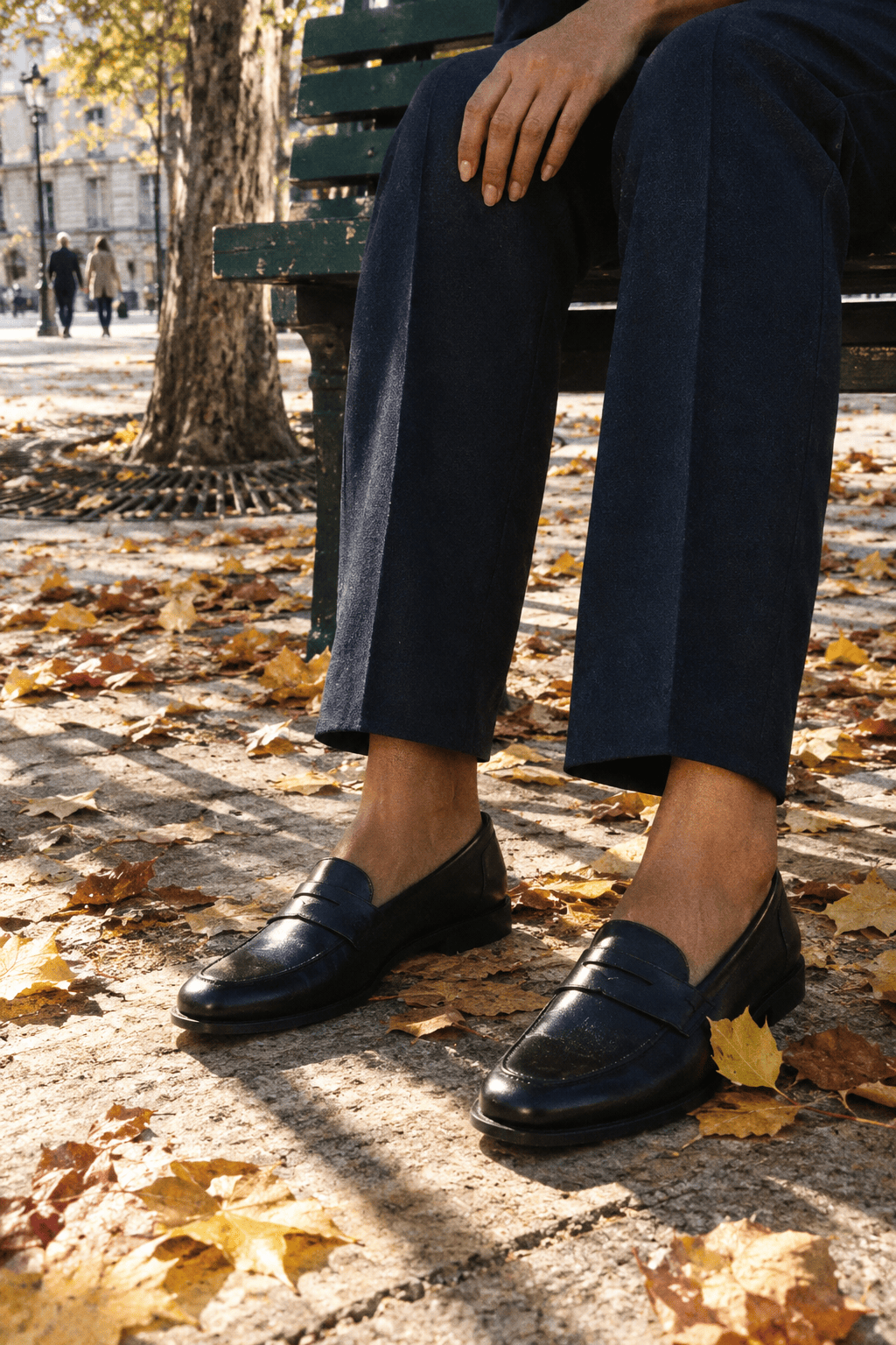 Are Massimo Dutti shoes true to size: woman wearing black leather penny loafers with navy trousers