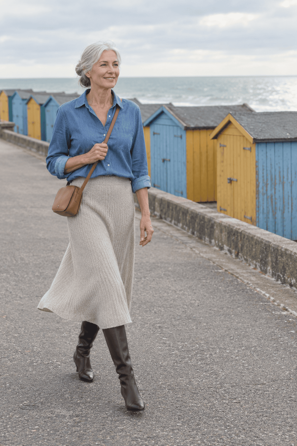 chic brunch outfit for women over 60: chambray shirt tucked into an oatmeal cashmere midi skirt with dark brown knee-high boots