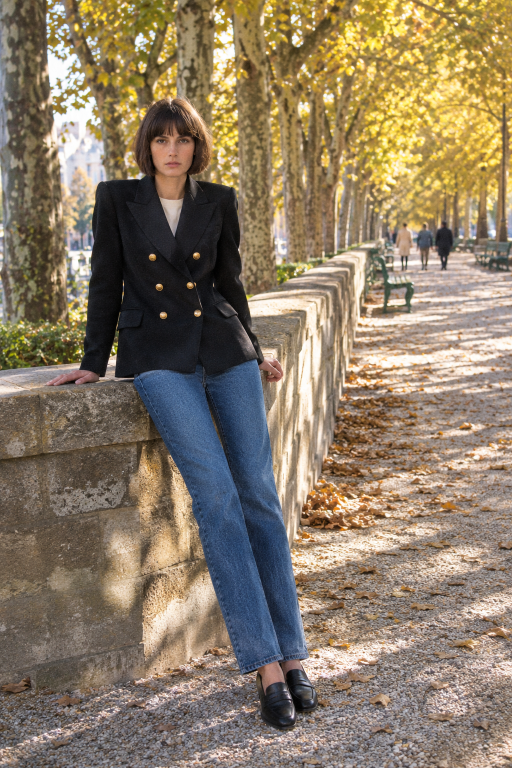 Old money brands for women: Reiss black double-breasted wool blazer with straight jeans