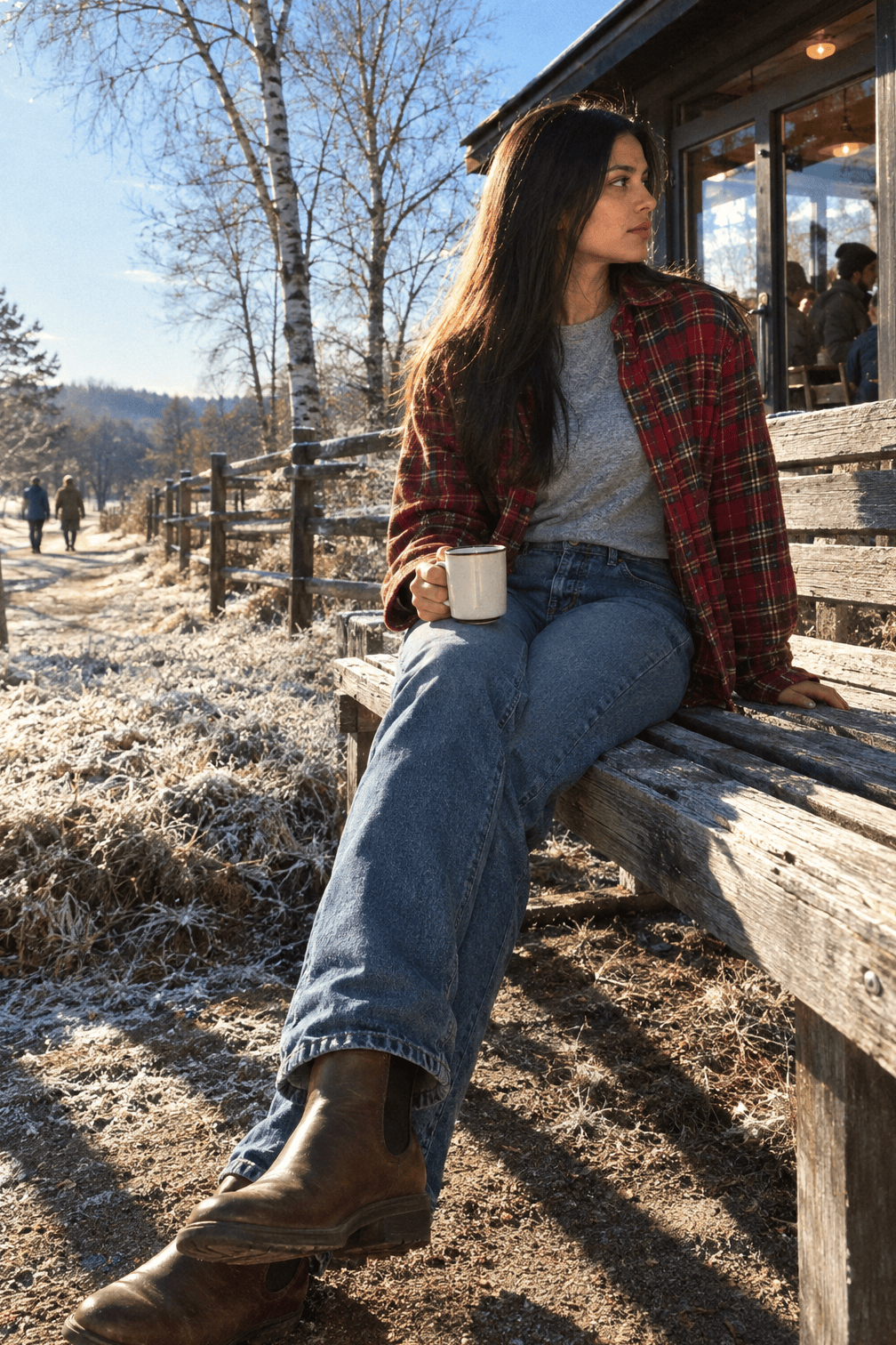 casual winter outfit: red check flannel overshirt, grey Heattech cashmere blend tee, mid vintage straight jeans and rustic brown leather boots