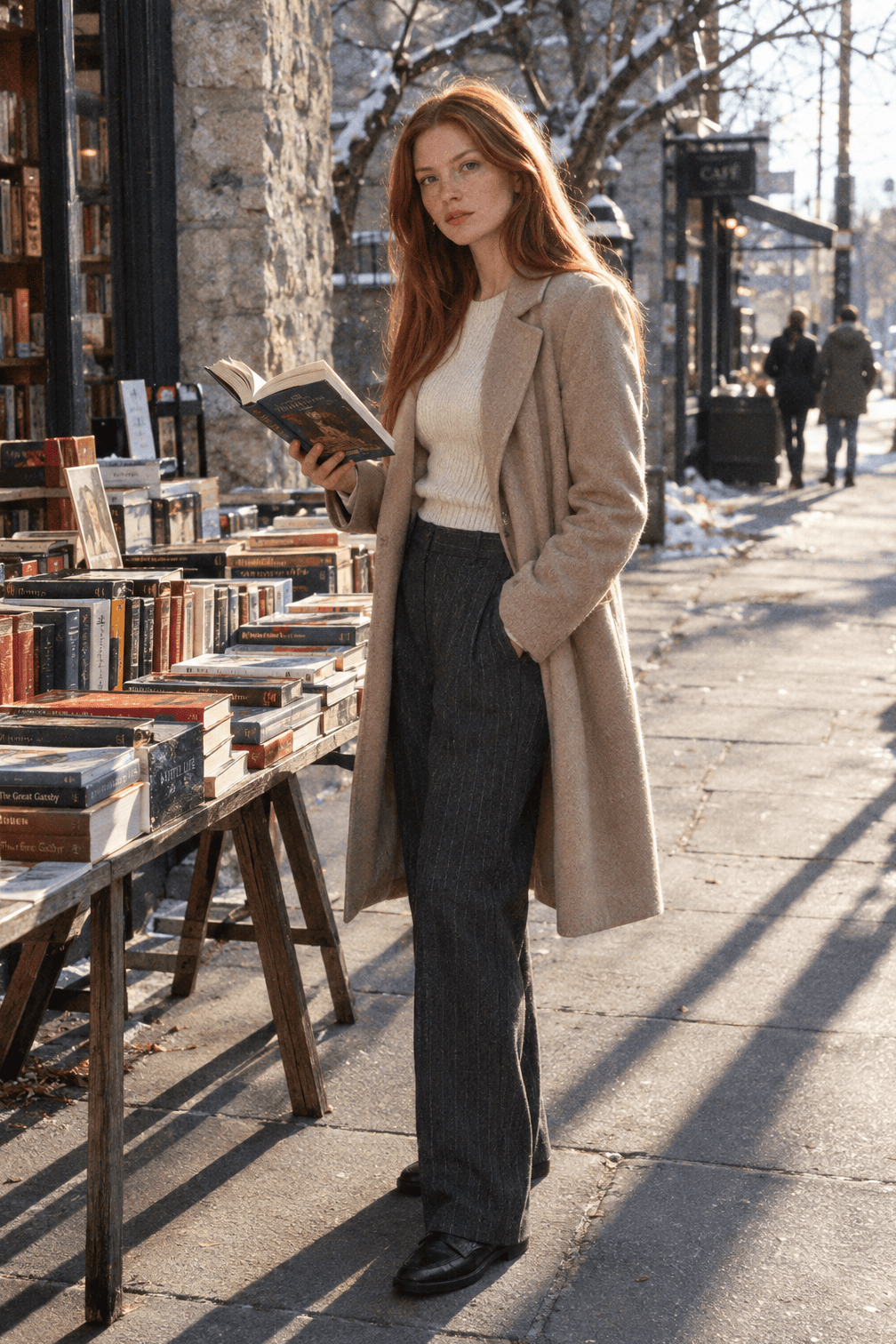 winter date night outfit: cream rib-knit wool sweater with charcoal pinstripe trousers, black penny loafers and a latte-camel topcoat