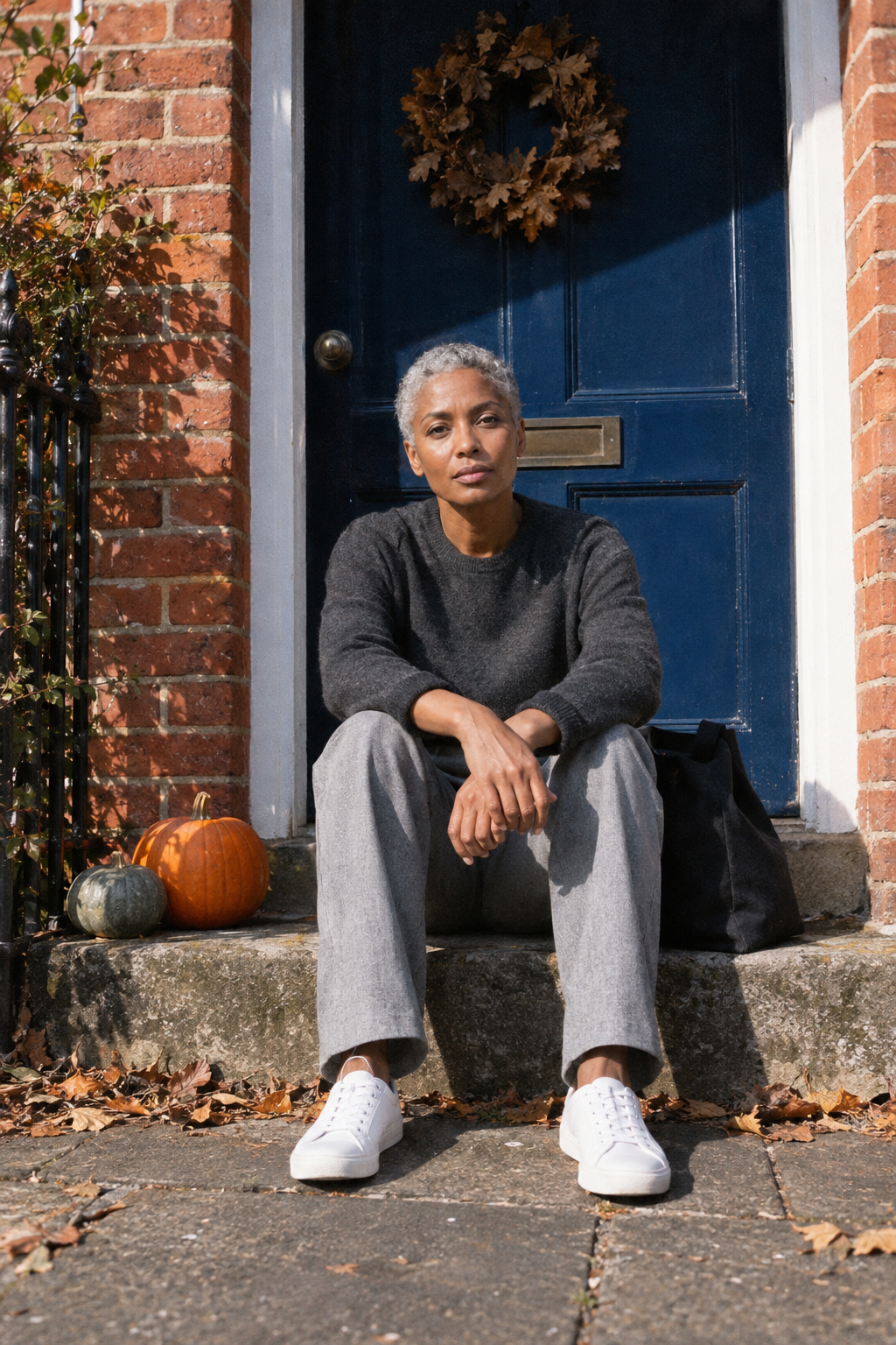 Casual Friendsgiving outfit: dark grey merino crewneck, lighter grey knit trousers and white canvas sneakers