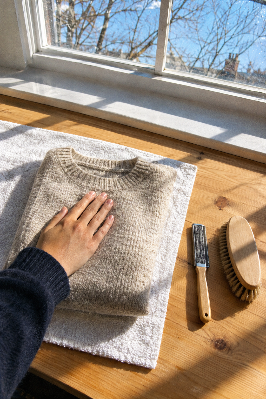 old money habit of knitwear care: a beechwood sweater comb and a natural-bristle cashmere brush beside a wool sweater