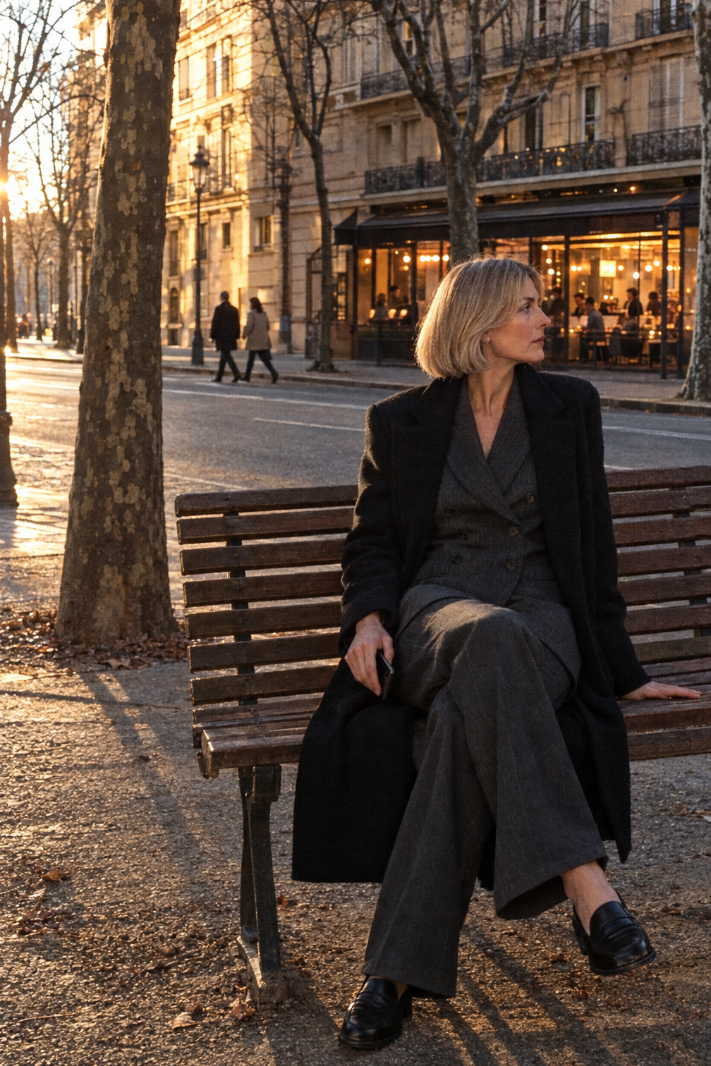 business dinner winter outfit: slate pinstripe double-breasted blazer, charcoal wide-leg trousers, black loafers and a long black wool-blend coat