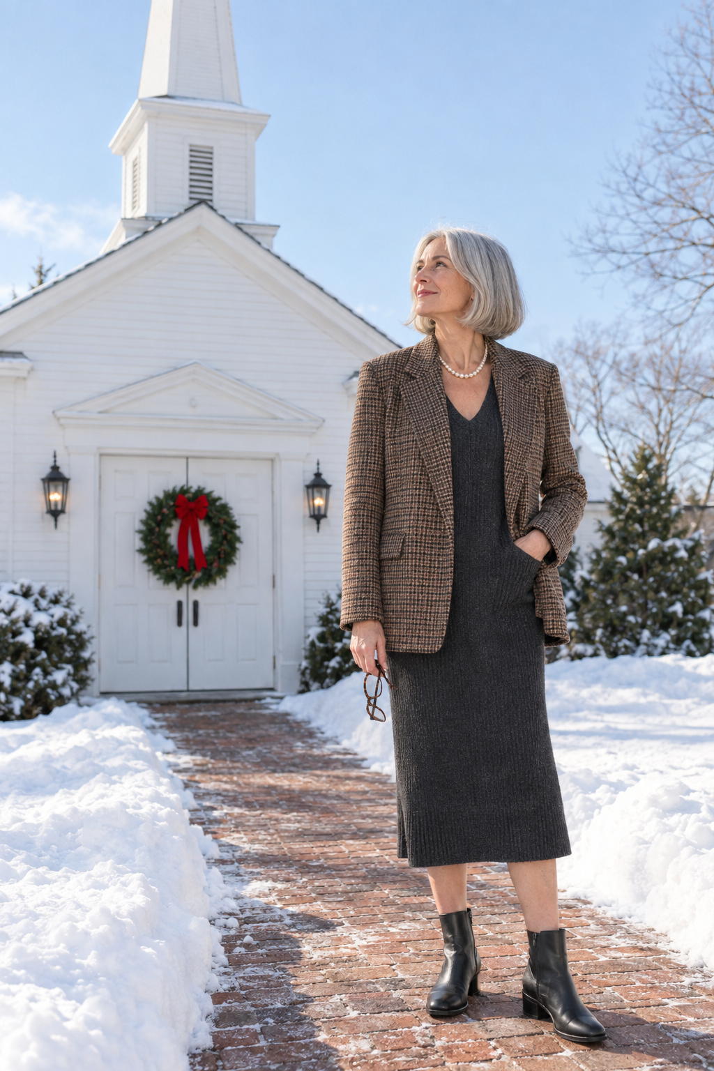 christmas morning church outfit: charcoal ribbed V-neck knit midi dress under a brown houndstooth blazer with a pearl necklace