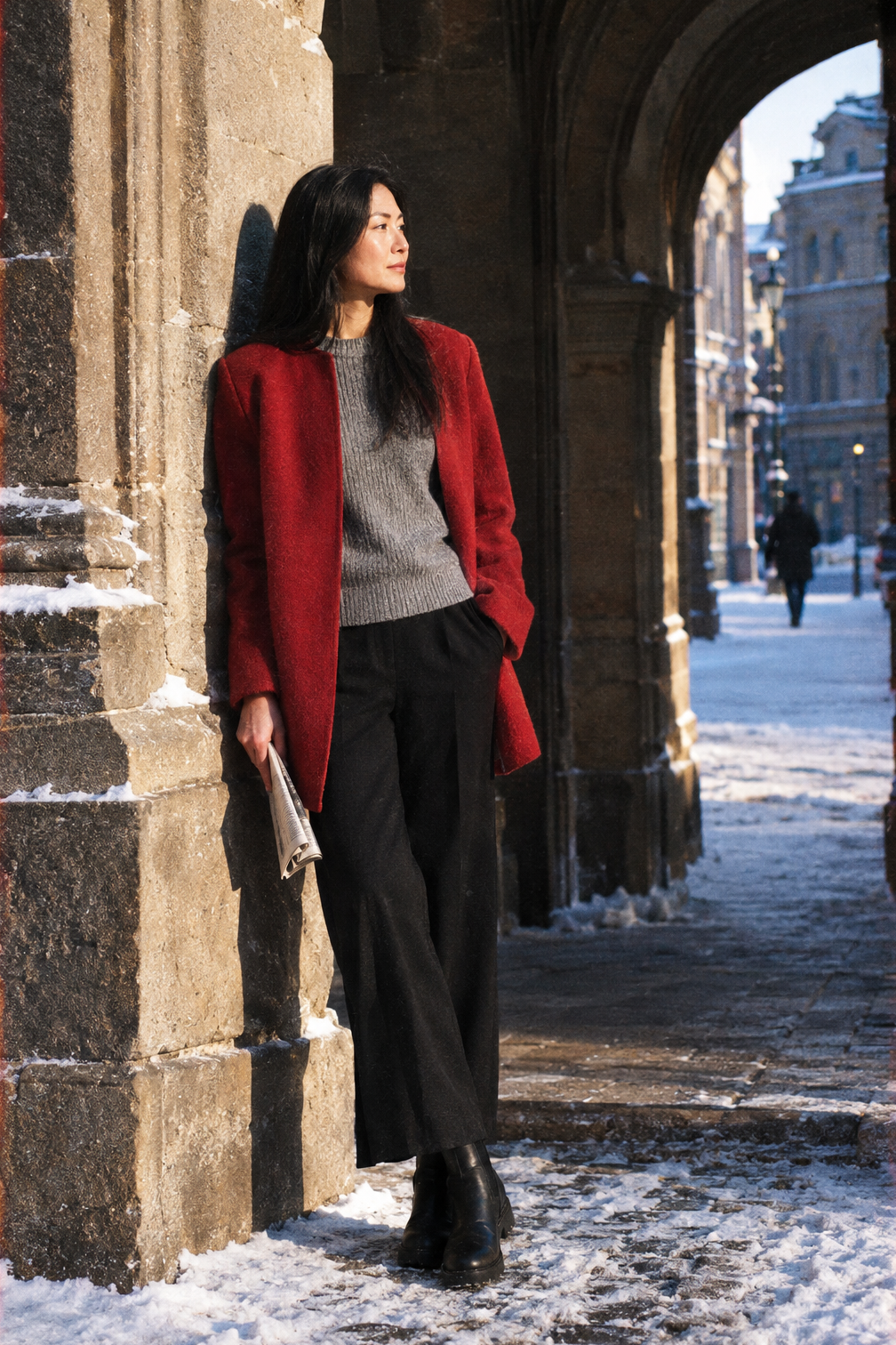 snow outfits for women: crimson wool cashmere cocoon coat, heather gray alpaca sweater, black pull-on trousers and black waterproof Chelsea boots on a snowy evening street