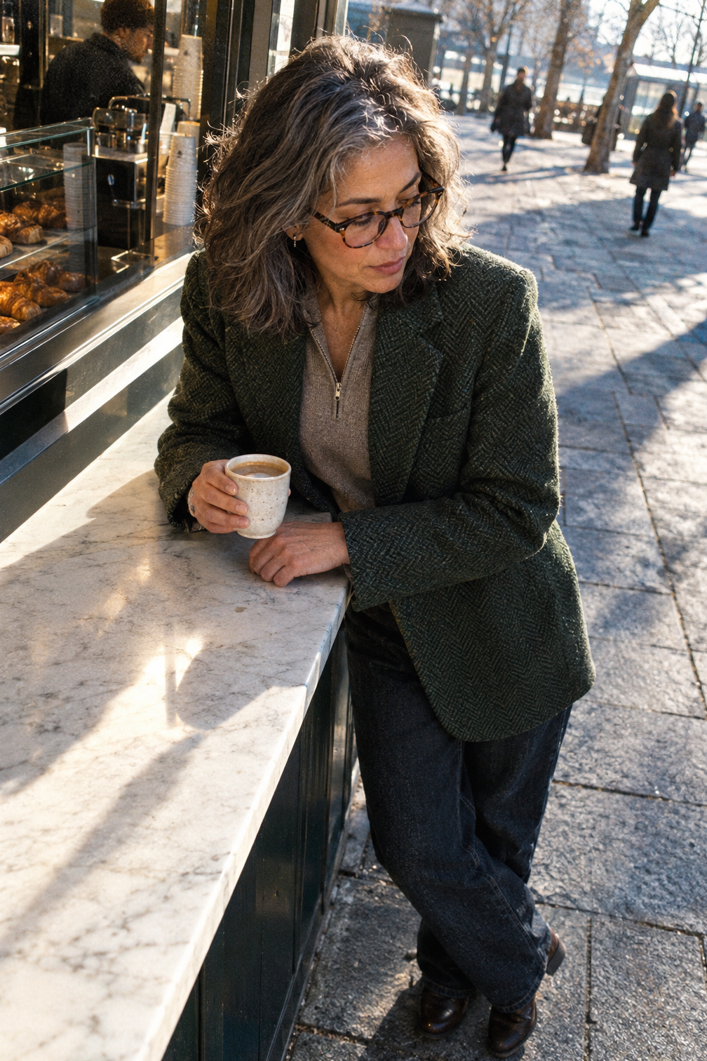 family visit winter airport outfit: hunter green tweed herringbone blazer over a taupe merino half-zip and dark relaxed jeans
