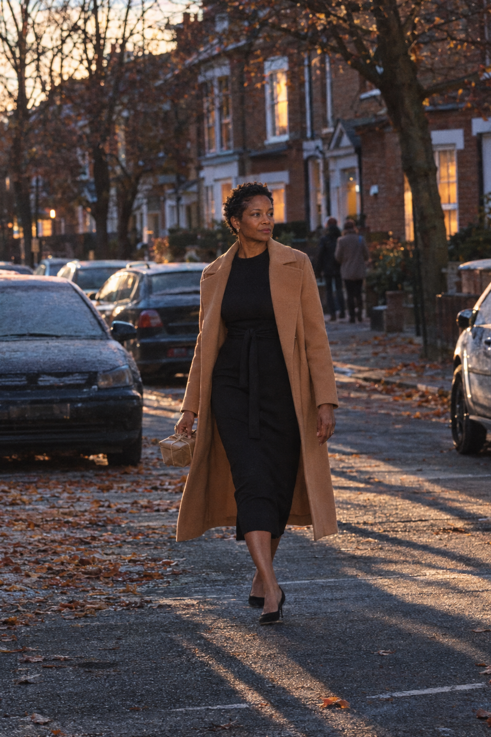 dinner party outfit ideas for guests: black column jersey midi dress with a caramel double-faced wool wrap coat and black suede kitten pumps