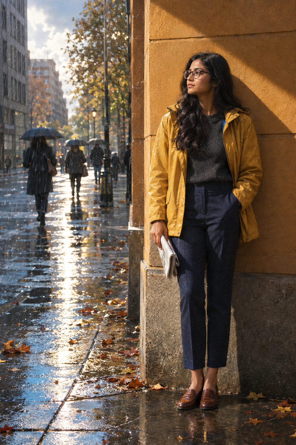 creative studio rainy day outfit for work: mustard yellow water-repellent hooded jacket with navy Italian wool ankle trousers and pecan leather penny loafers