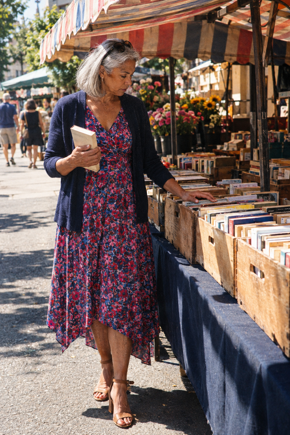 summer mother of the groom brunch outfit over 60: pink, blue and sangria print midi dress with navy cardigan and ankle strap sandals
