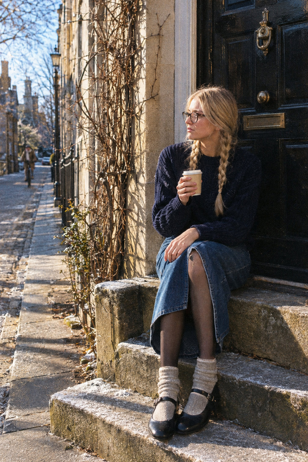 how to style tights with socks layered over them, a denim midi skirt and black Mary Jane flats