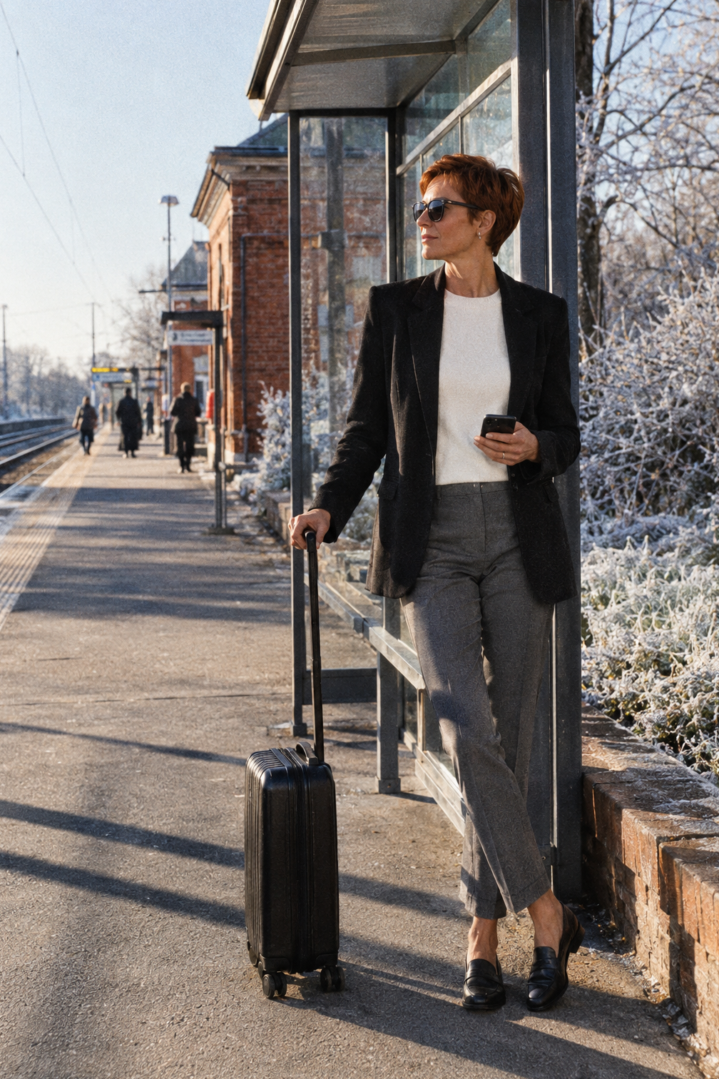 how to style black loafers in winter with heather graphite pull-on pants, a black ponte blazer and a leather loafer