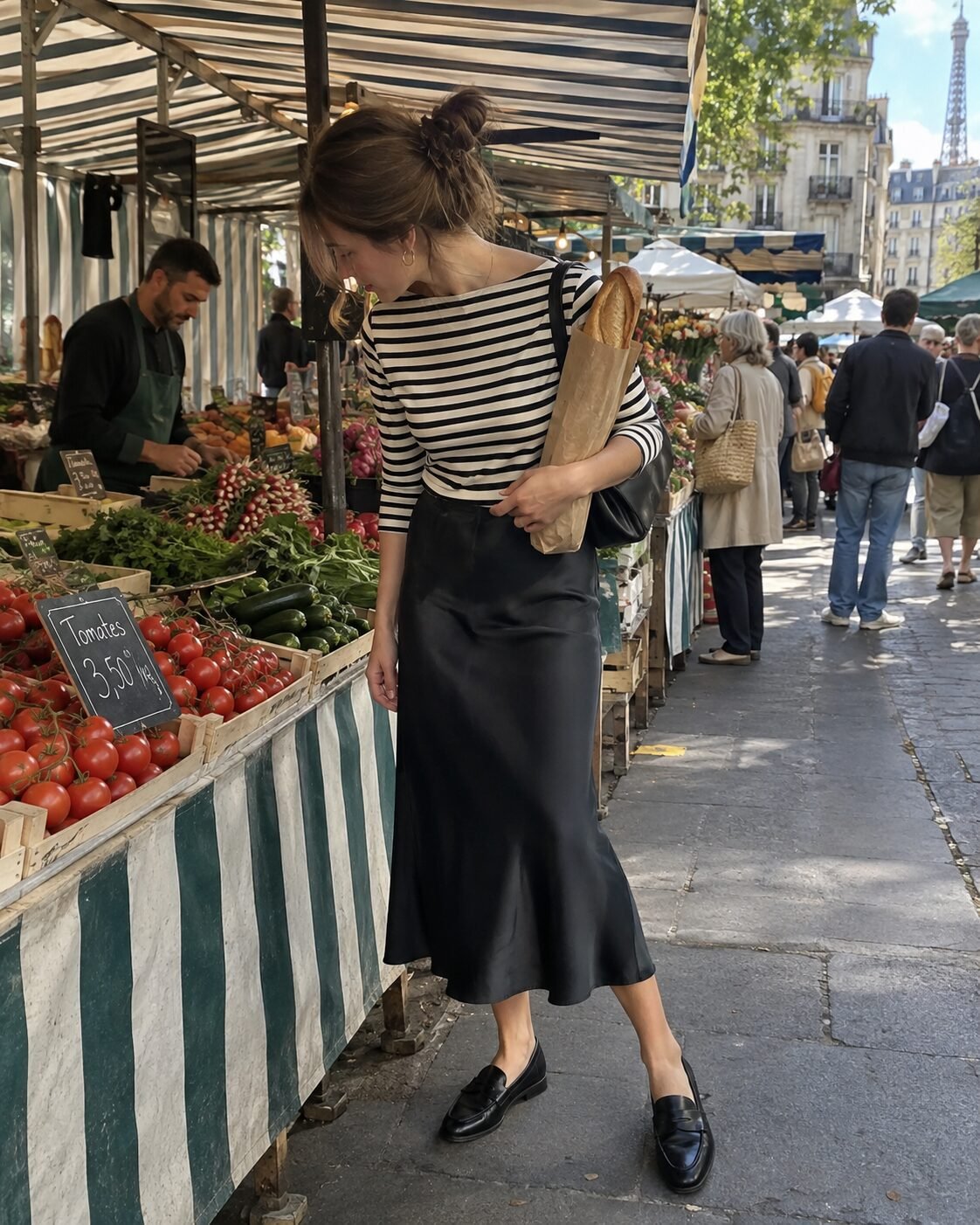 black and ivory striped boatneck top with a black silk midi skirt and black loafers at an outdoor Paris market