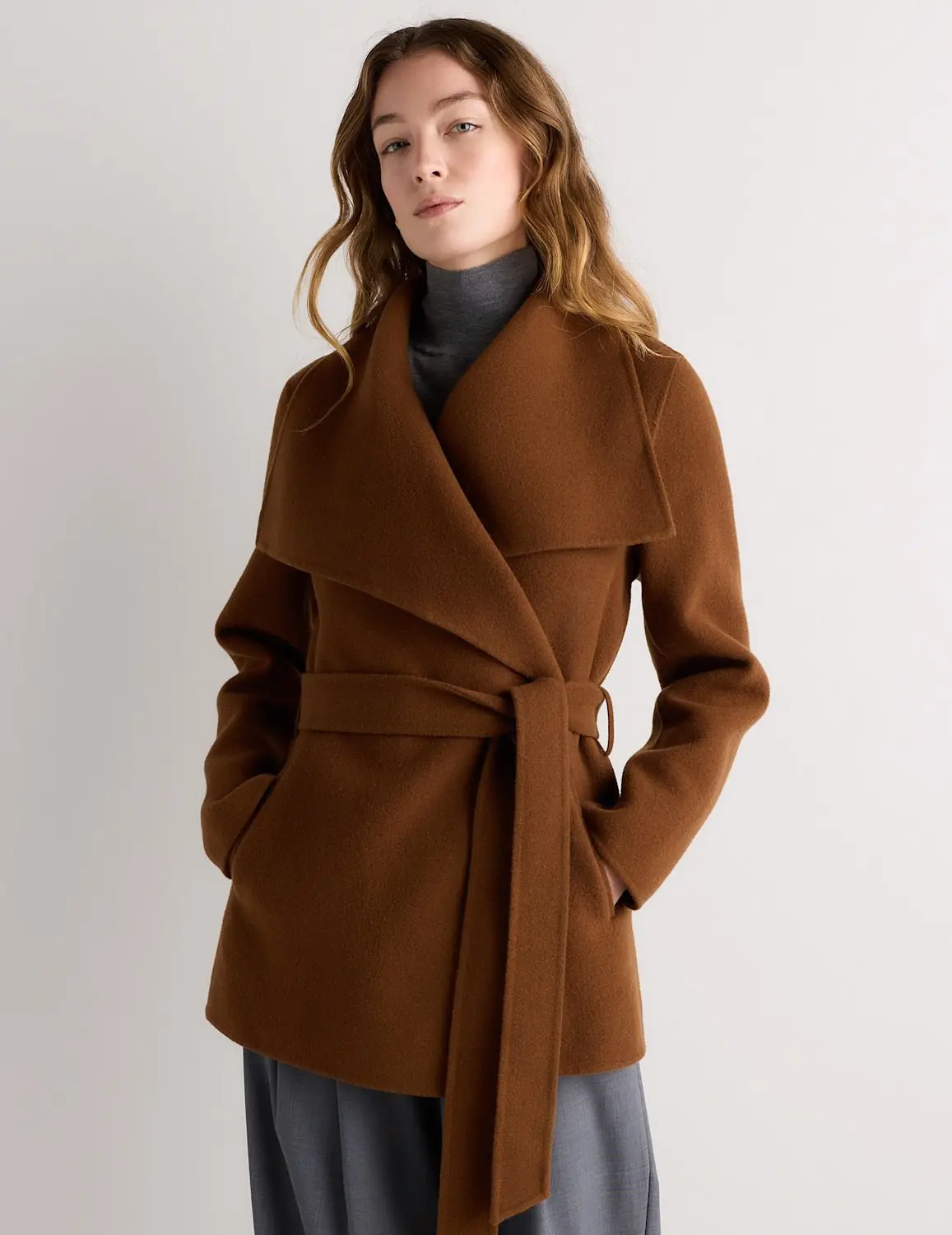 Double-Faced Merino Wool Draped Collar Short Wrap Coat (Ambrose Brown)