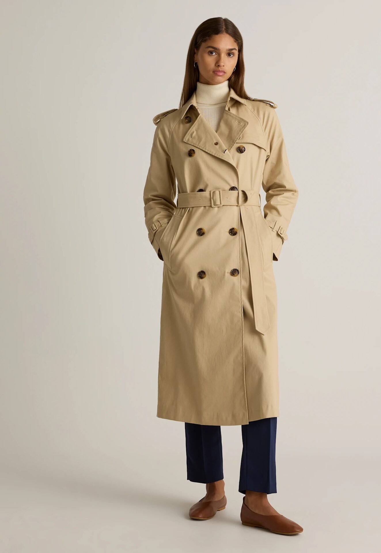 Comfort Stretch Long Trench Coat (Light Khaki)