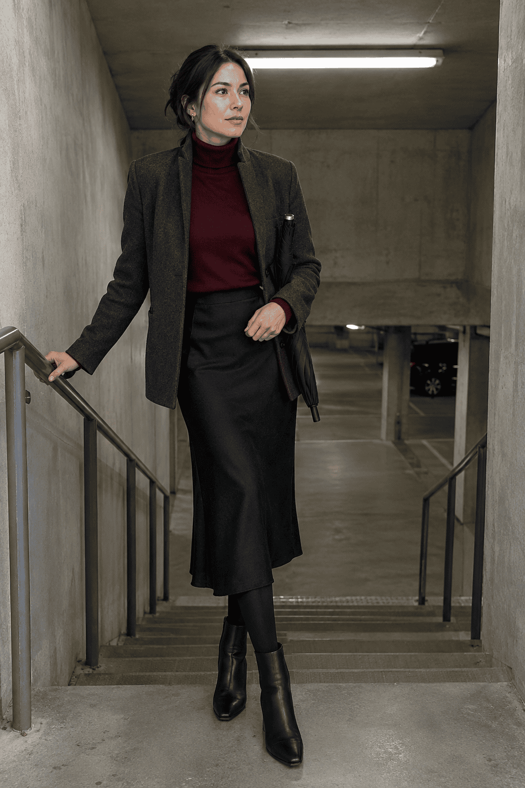 cool-weather linen outfit: black linen skirt with a burgundy turtleneck and charcoal ponte blazer
