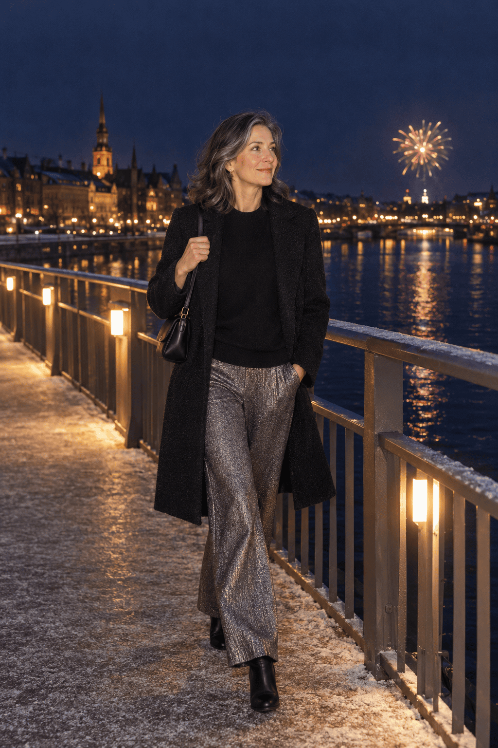 classy new years eve bar outfit: pewter metallic knit wide-leg pants with a black cashmere crewneck sweater and a black wool coat