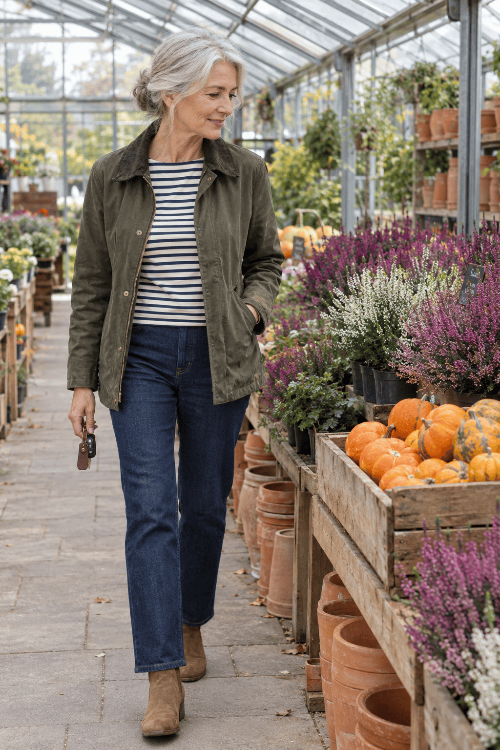 woman over 60 in a solid fine-knit sweater and a classic Breton stripe top, autumn street style