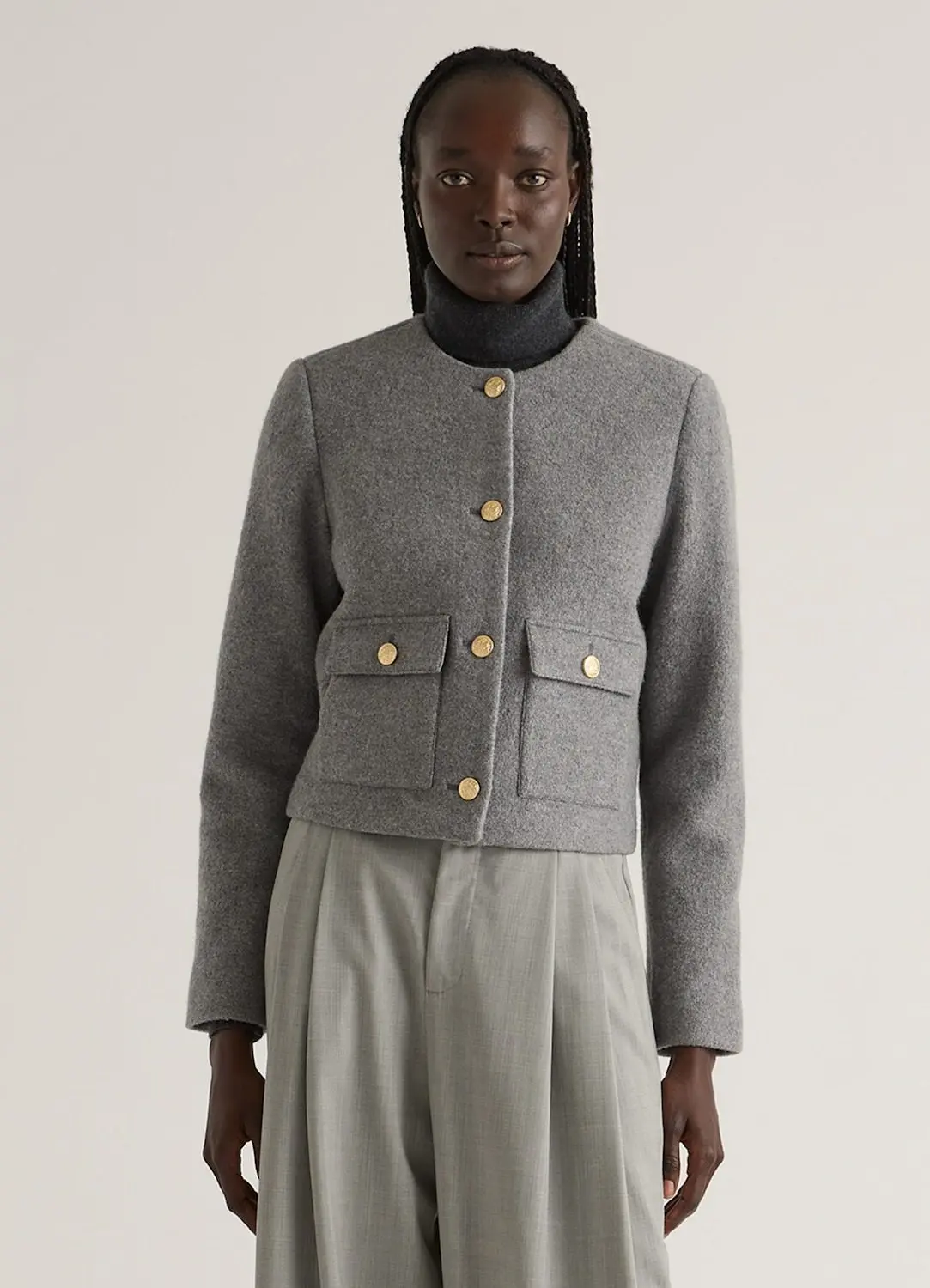 100% Merino Wool Collarless Cropped Jacket (Heather Grey)