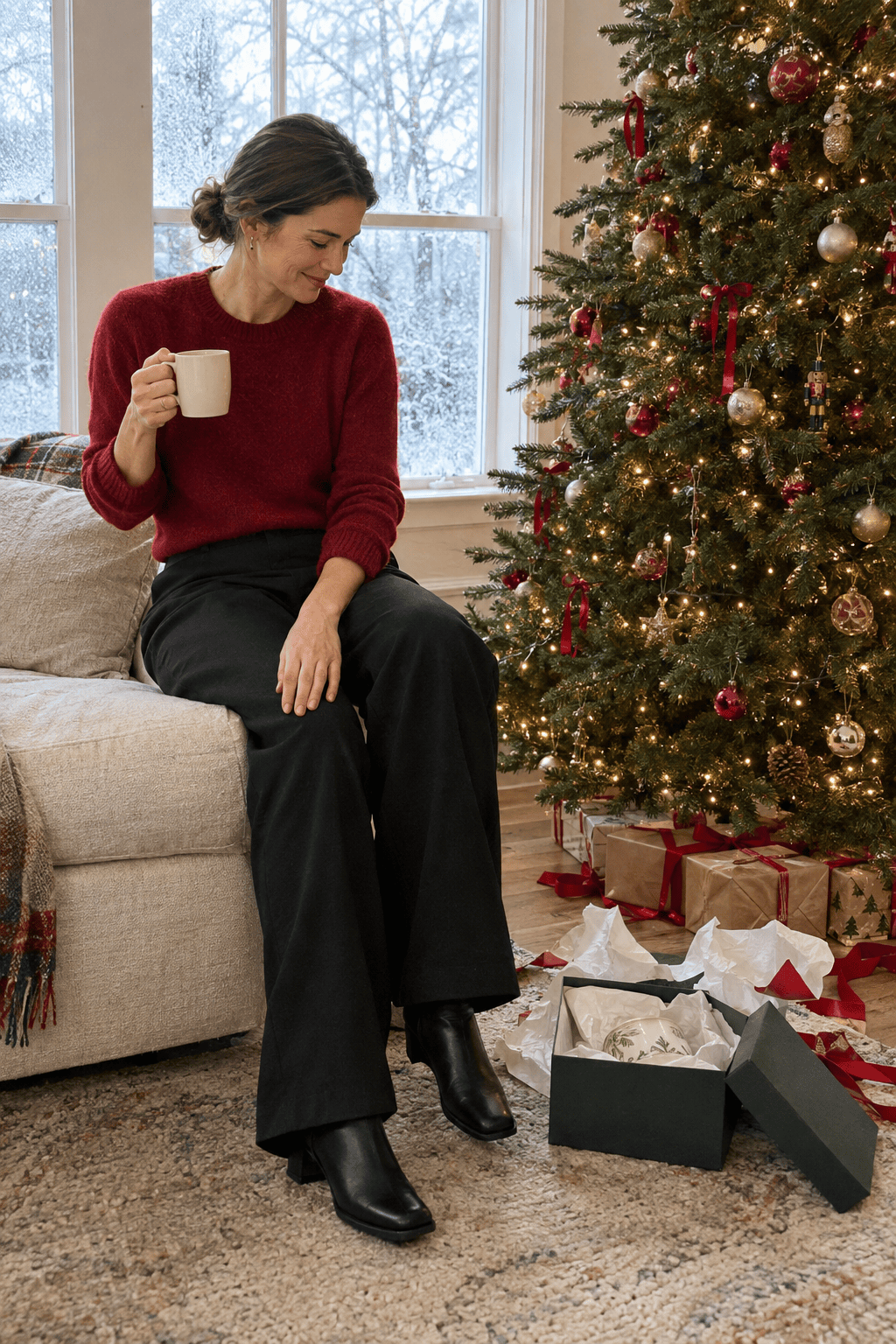 Christmas morning outfit: red cashmere crewneck, black wide-leg trousers and black ankle boots beside a lit Christmas tree