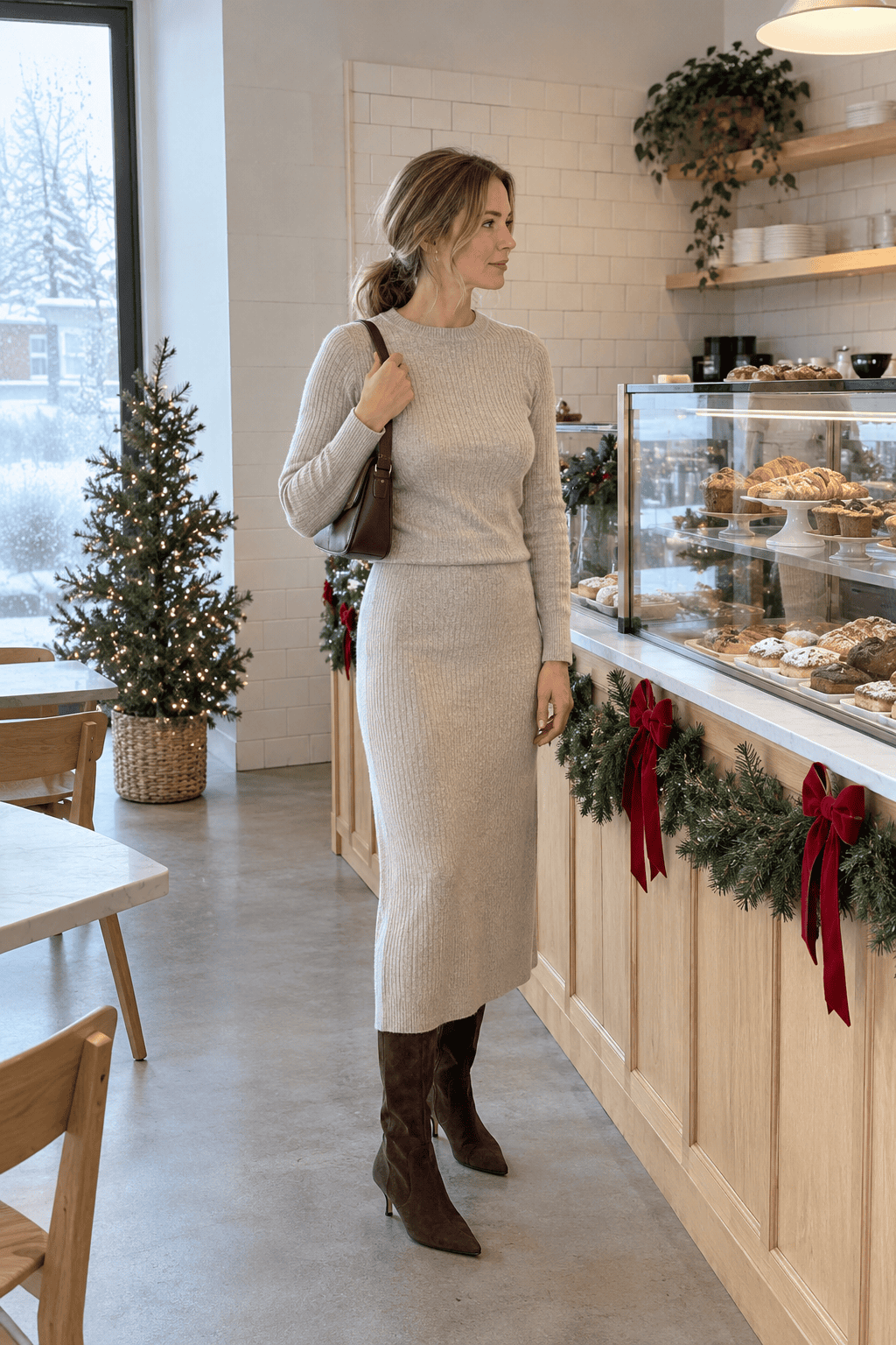 festive christmas brunch outfit for women over 40: oatmeal ribbed knit top and matching cashmere rib midi skirt with dark brown suede knee boots