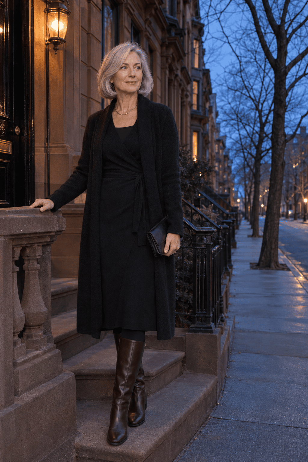 evening outfit for women over 60: all-black look of a long cashmere cardigan over a black wrap dress with opaque tights and brown leather boots