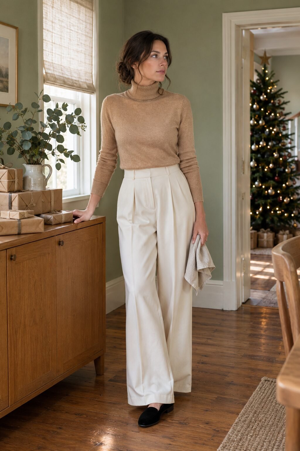 quiet luxury christmas hosting outfit: camel cashmere turtleneck tucked into ivory high-waisted pleated wide-leg trousers