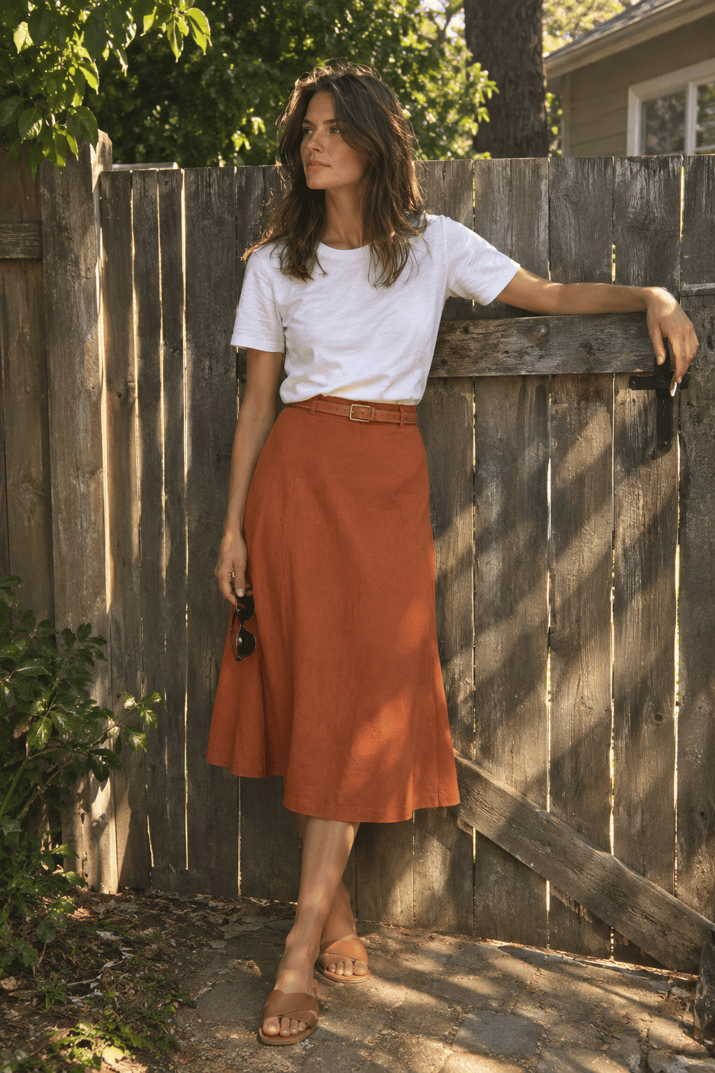 elegant outfit with clothes you already own: white tee tucked into a terracotta A-line midi skirt with a woven tan leather belt