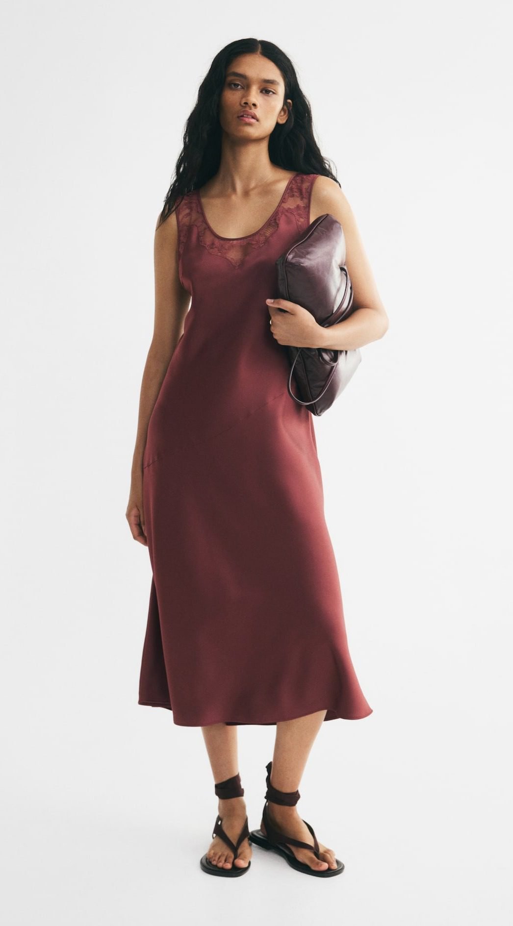 Lace-Inset Satin Dress (Rust red)