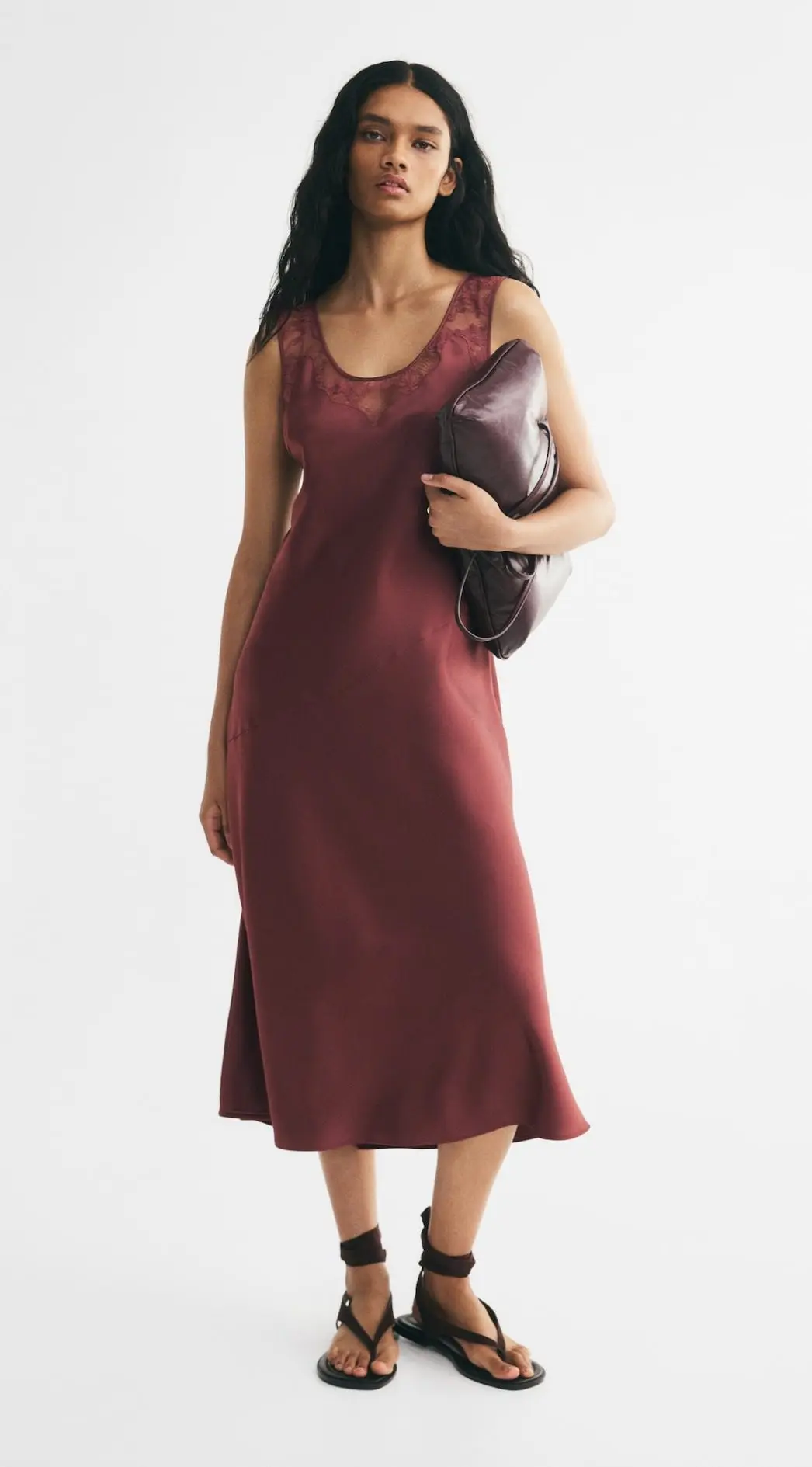 Lace-Inset Satin Dress (Rust red)