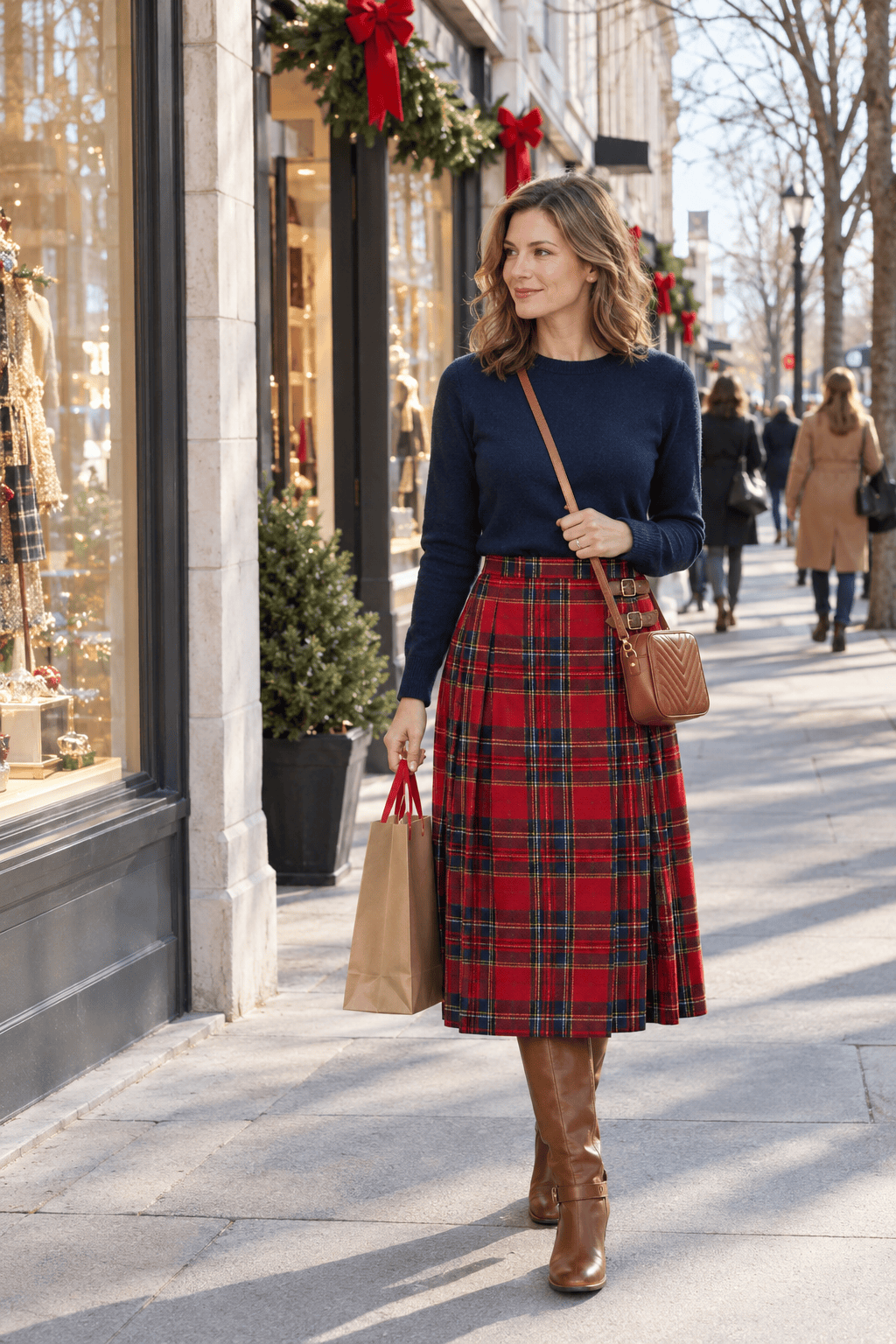 how to style a tartan skirt for Christmas shopping: red tartan pleated midi kilt with cognac flat knee-high riding boots, a navy crewneck and a cognac quilted crossbody bag