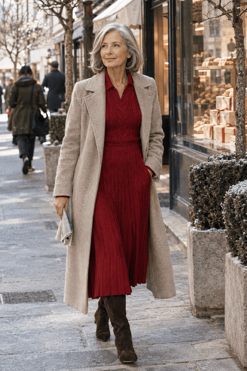 Valentine's lunch outfit for women over 60: crimson collared knit midi dress with a pleated rib skirt, long heather wheat belted coat and brown suede knee boots