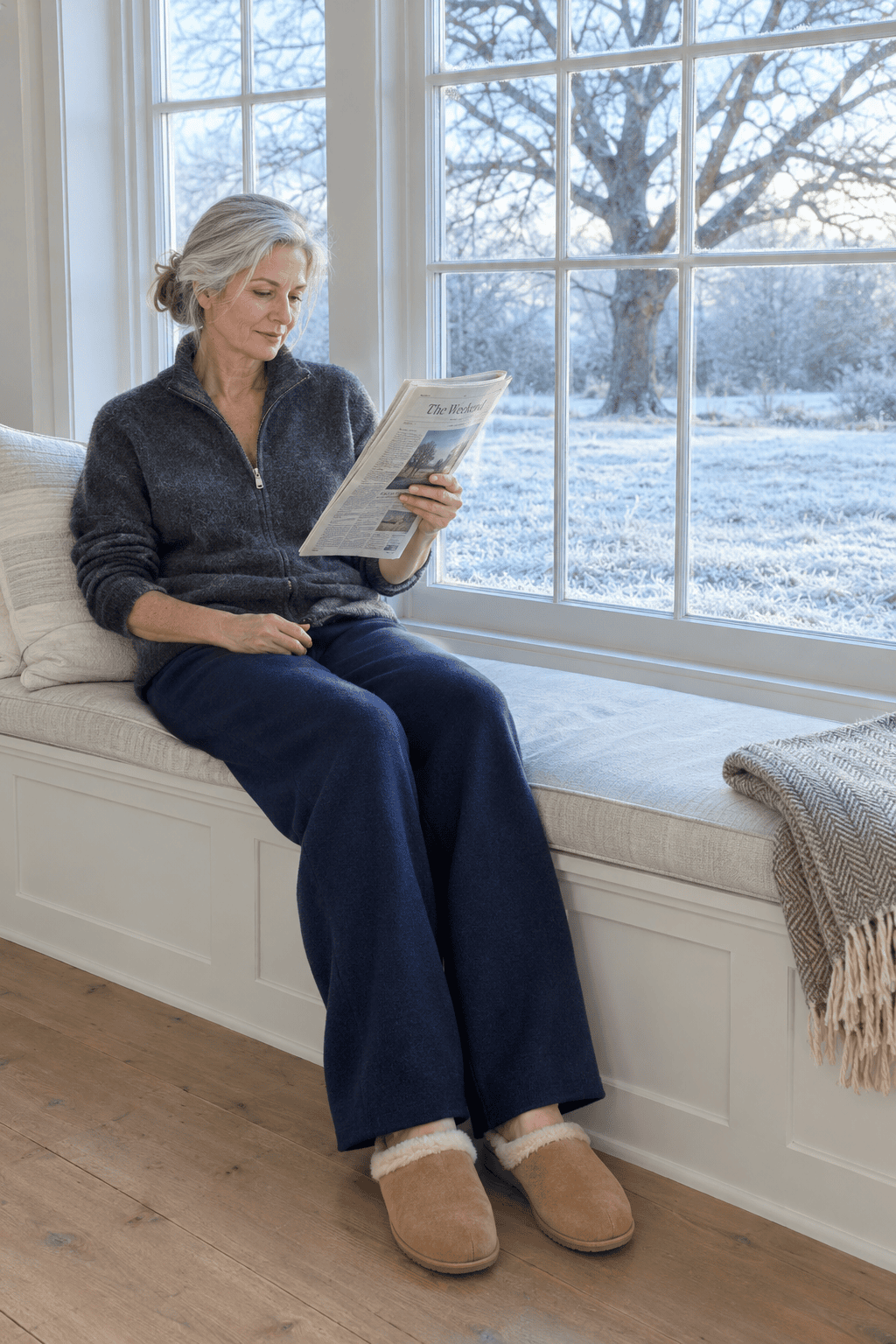 graphite zip cardigan with navy wide-leg sweater pants and tan suede shearling-lined mules, a relaxed weekend-at-home outfit for women over 60