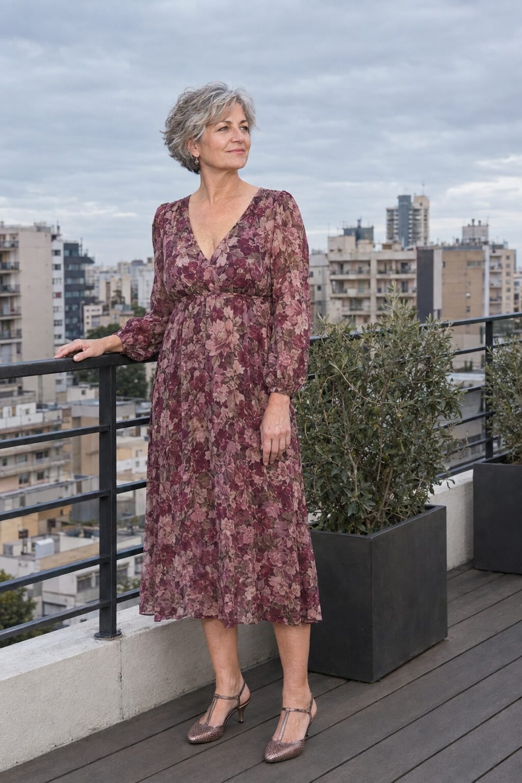 rooftop rehearsal dinner outfit for the mother of the groom: mauve and wine floral long-sleeve midi dress with metallic mauve T-strap heels