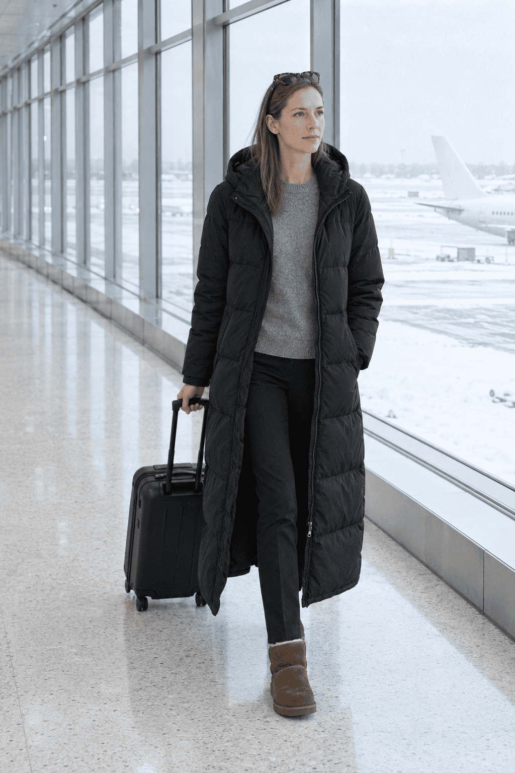 minimalist winter travel outfit: long black hooded down coat, grey cashmere crewneck, black ponte trousers and brown shearling boots