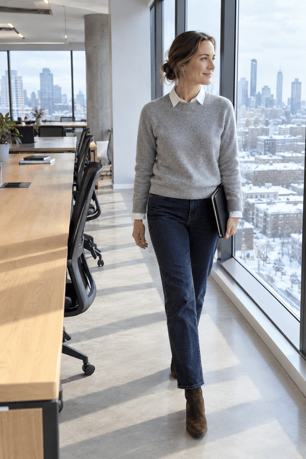 Friday office outfit: white poplin collar layered under heather grey cashmere crewneck with dark rinse jeans and brown suede ankle boots