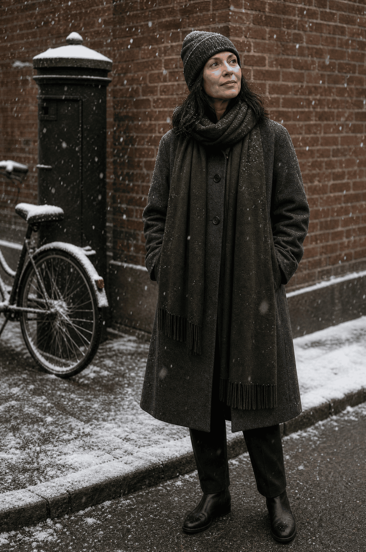 how to dress warm in winter without looking bulky: woman in a dark olive cashmere wrap and charcoal ribbed beanie over a wool coat