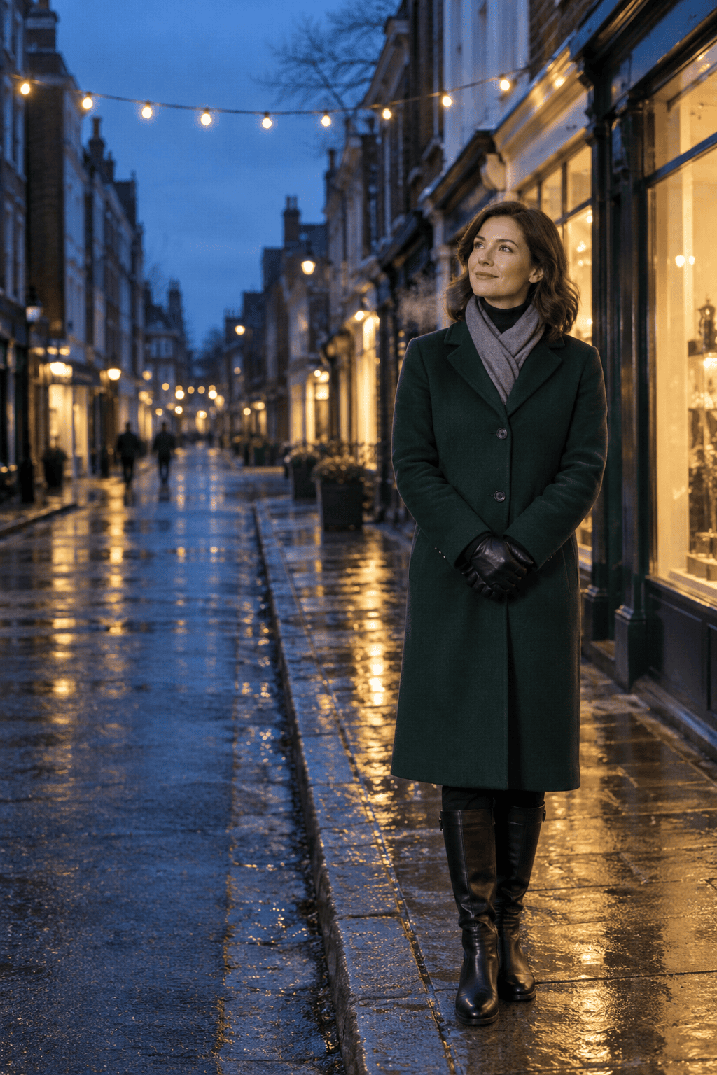 what to wear in London in winter for a Christmas lights walk: hunter green wool coat, black cashmere roll neck, black trousers and black knee-high riding boots