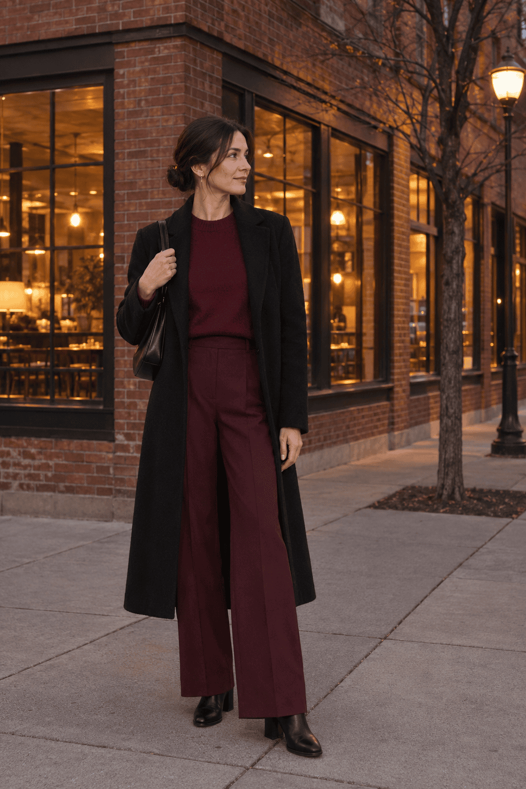 burgundy tonal winter dinner outfit: burgundy cashmere sweater, burgundy wide-leg trousers, long black coat and black heeled ankle boots
