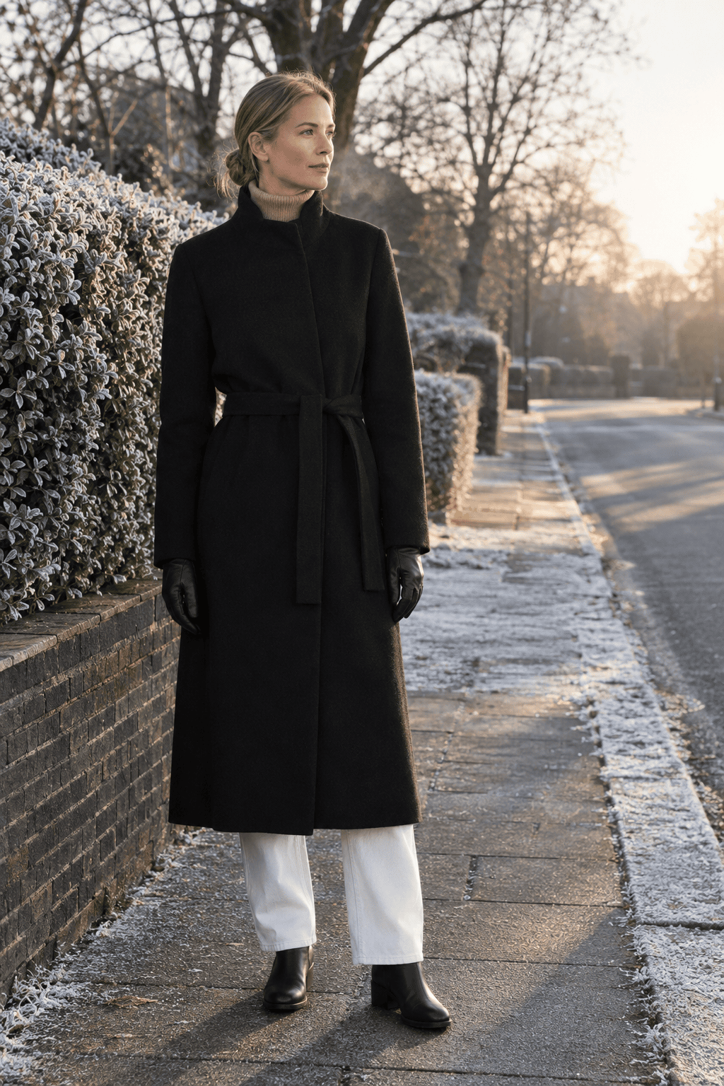 how to wear a long black coat with a camel turtleneck: belted black wool coat, camel cashmere turtleneck at the collar, soft white straight jeans and black ankle boots