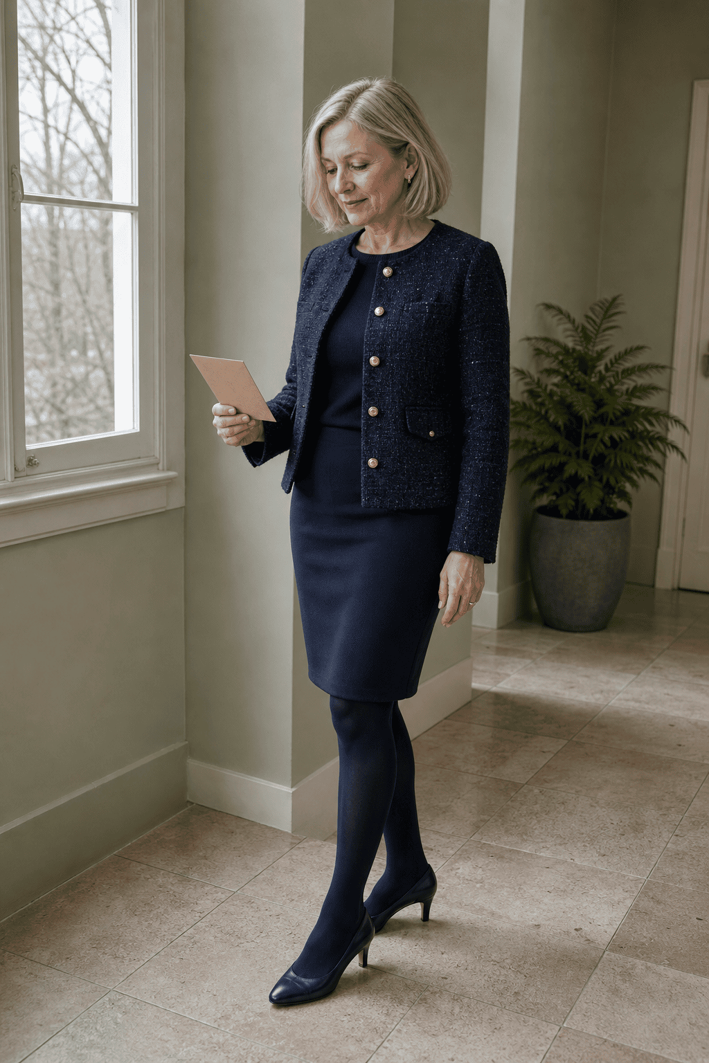 winter wedding guest outfit for women over 50: navy tweed collarless jacket with gold buttons, navy knit pencil skirt, navy tights and navy leather mid-heel pumps