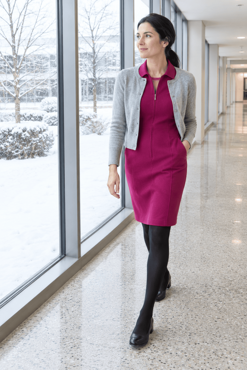 assembly day winter teacher outfit: magenta berry zip-collar knit dress, light grey cropped cardigan, black opaque tights and black low block-heel pumps