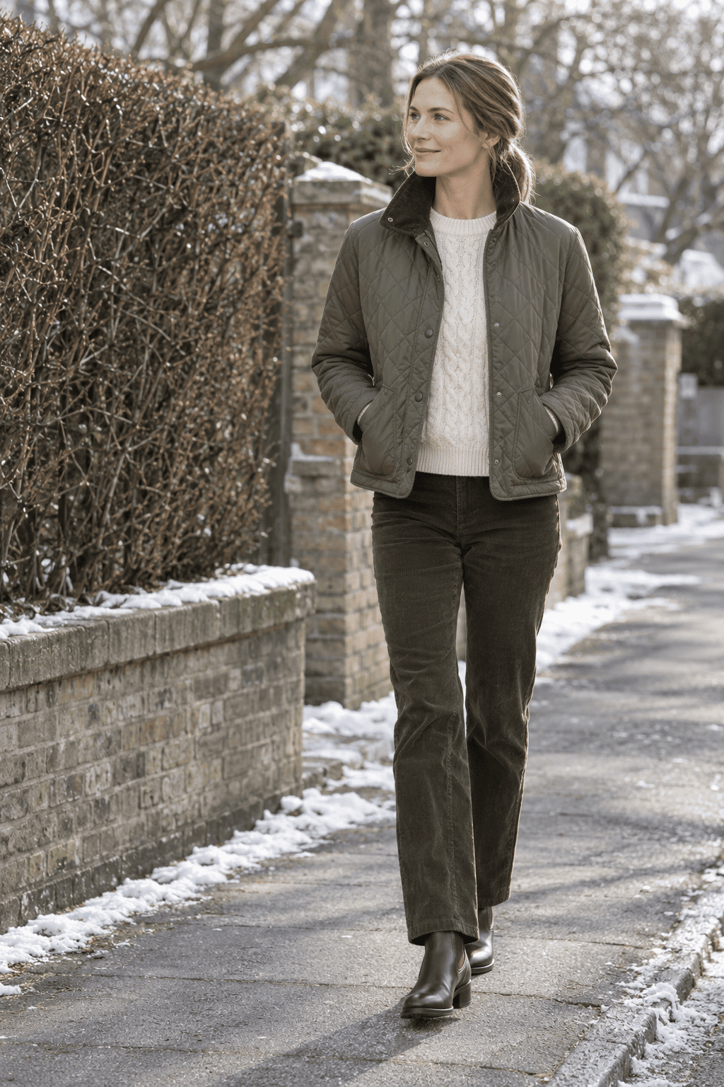 old money winter color combination olive and cream: cropped olive quilted jacket, cream cable-knit cashmere sweater, olive corduroy trousers and dark brown Chelsea boots