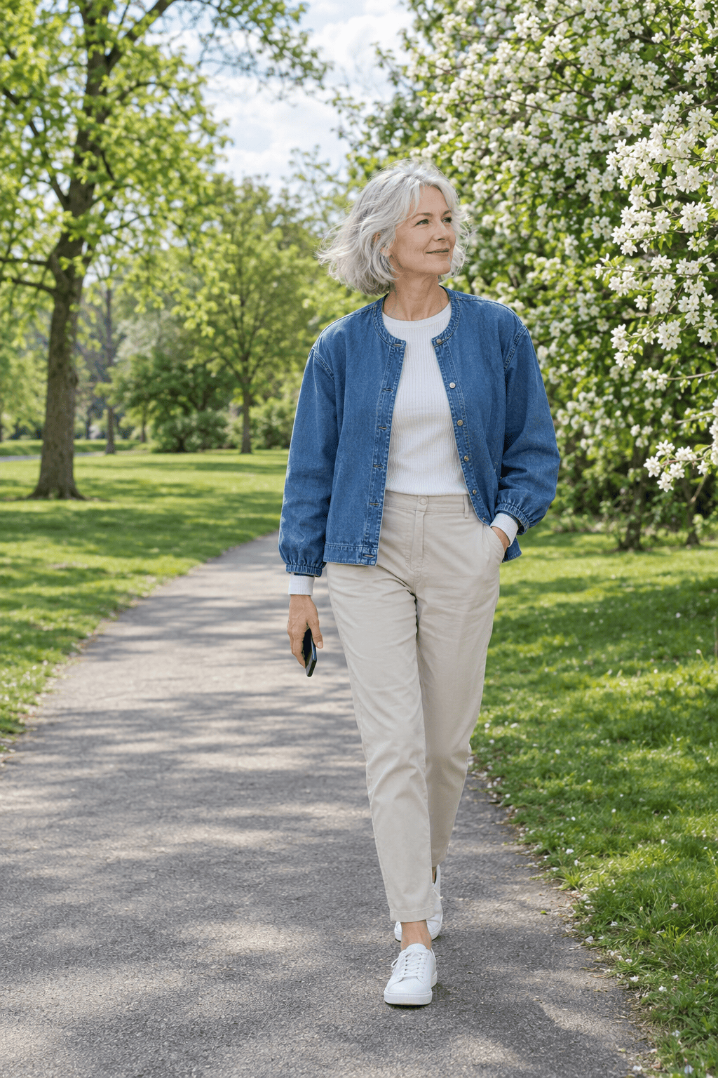 casual spring outfit for women over 60: mid-wash collarless denim jacket over a white long-sleeve tee with pale stone ankle chinos and white canvas sneakers