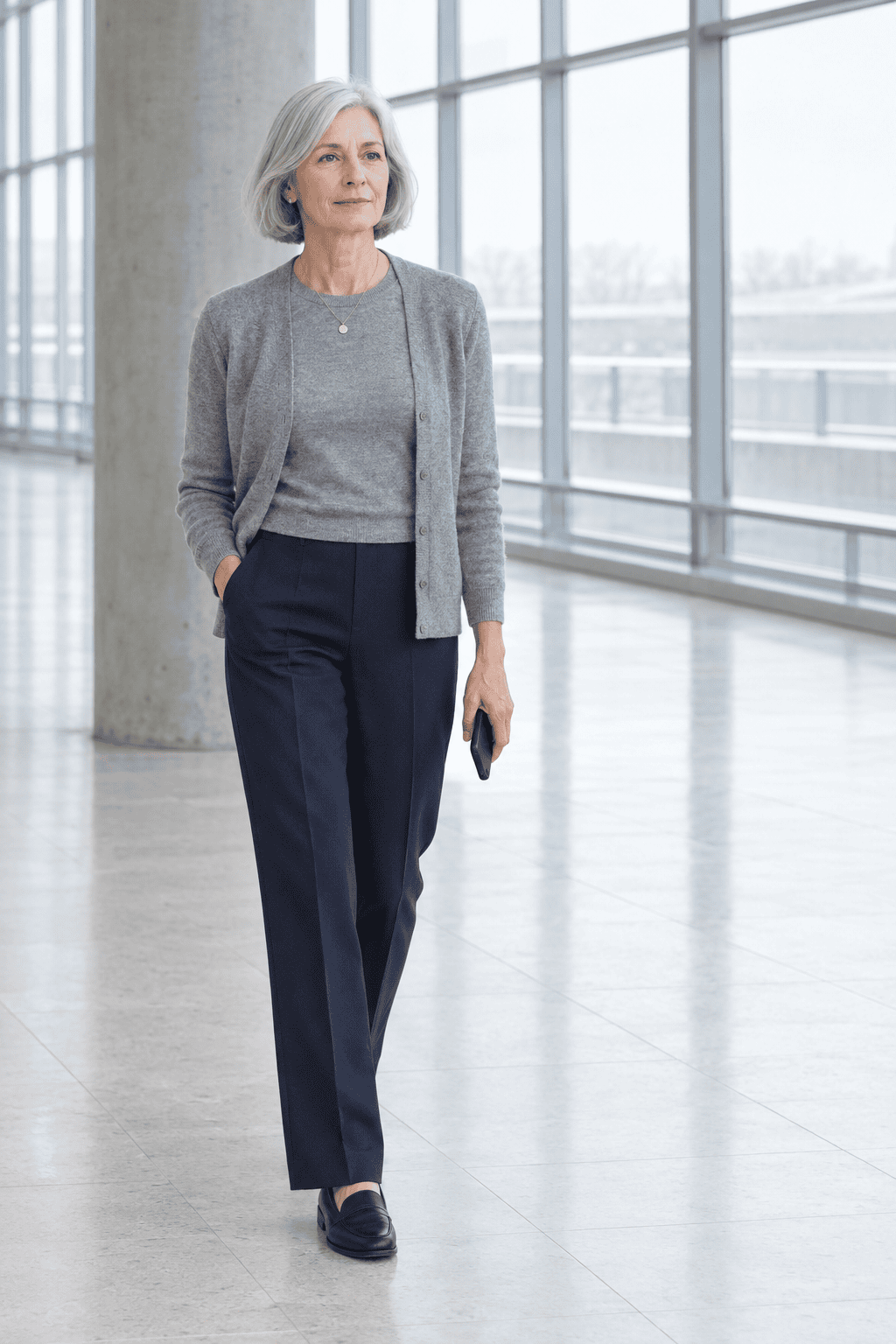 modern twinset for women over 60: heather grey merino cardigan worn open over a matching short-sleeve merino sweater with navy straight-leg trousers